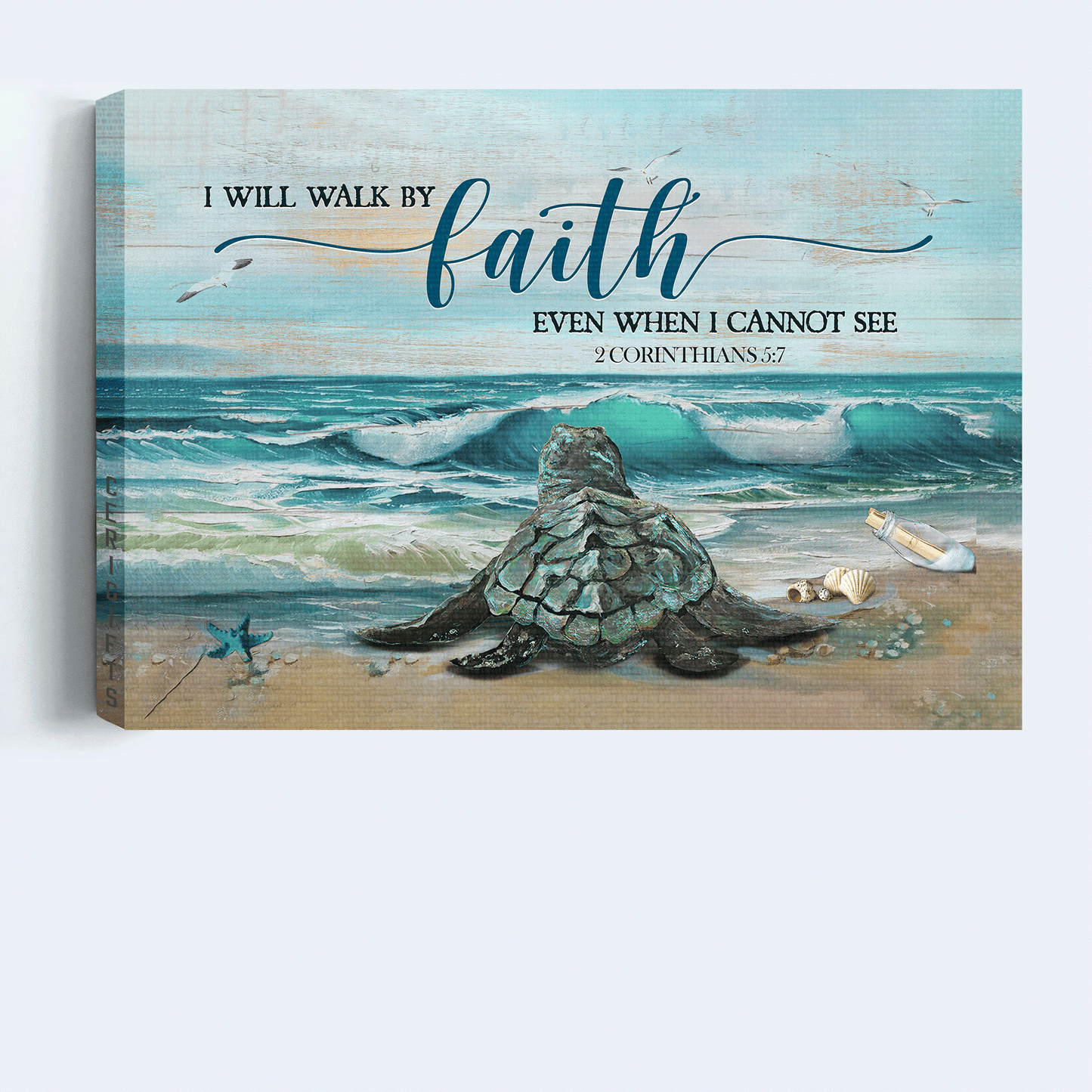 Jesus Landscape Canvas - Big sea turtle, Blue ocean drawing, Seagull Landscape Canvas - Gift For Christian - I will walk by faith even when I cannot see