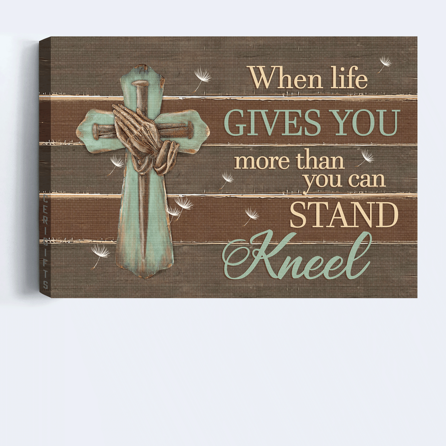 Jesus Landscape Canvas - Praying hand, Wooden cross Canvas - Gift for Christian - When life gives you more than you can stand kneel  Landscape Canvas