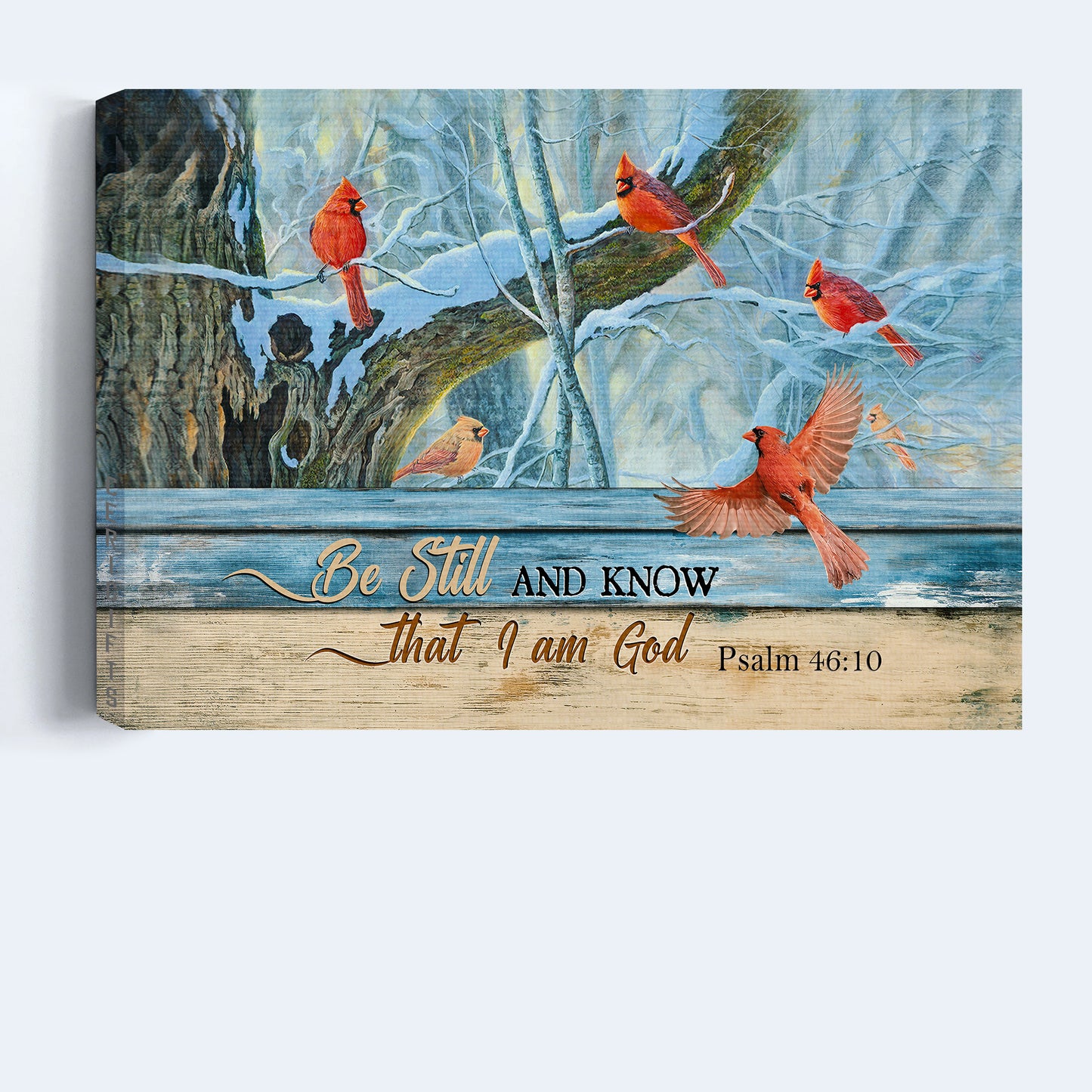 Jesus Landscape Canvas - Cardinal Drawing, Blue Light, Winter Landscape Canvas - Gift For Christian - Be Still And Know That I Am God Landscape Canvas
