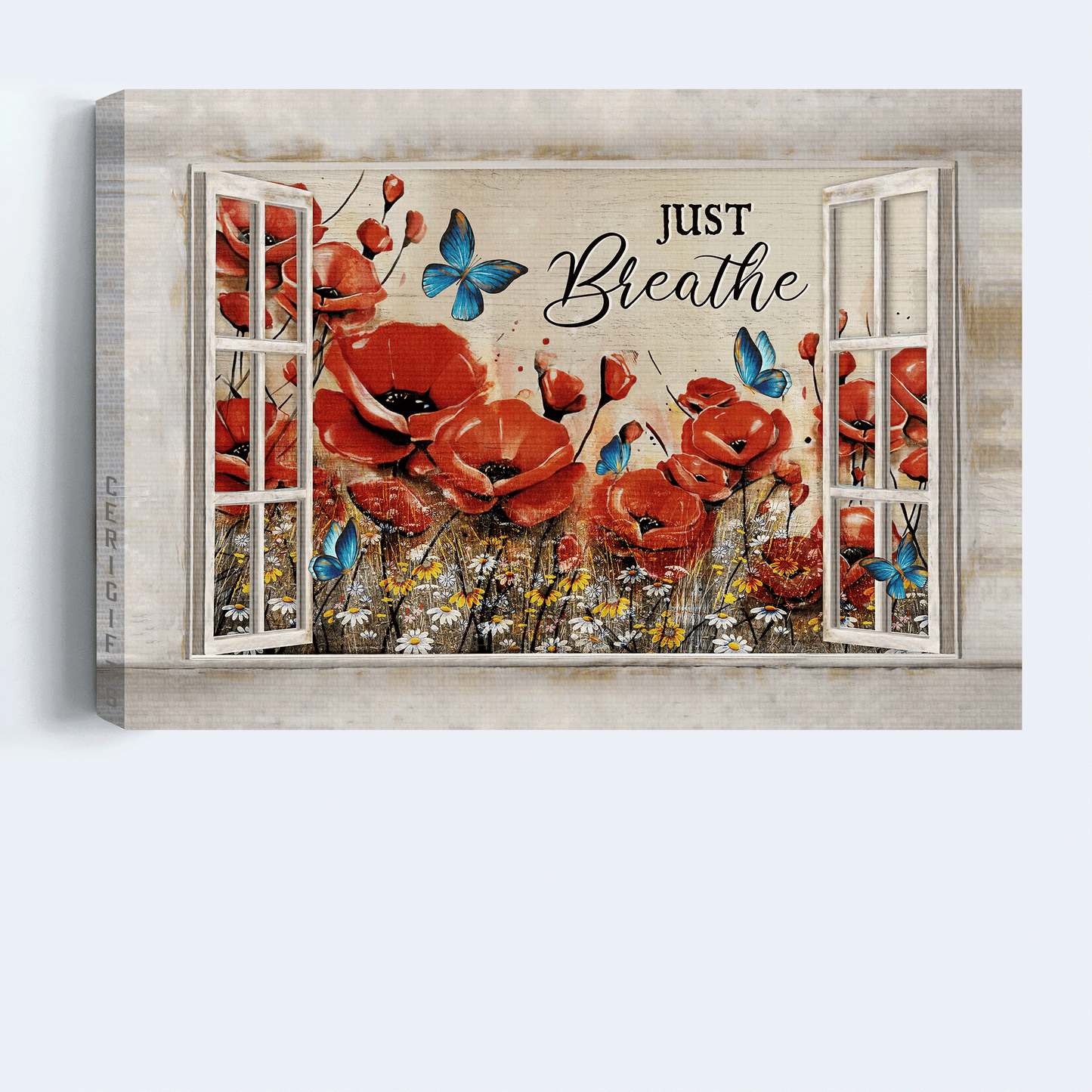 Jesus Landscape Canvas - Watercolor Poppy, Blue Butterfly, Daisy Field Canvas - Gift For Christian - Just Breathe Canvas