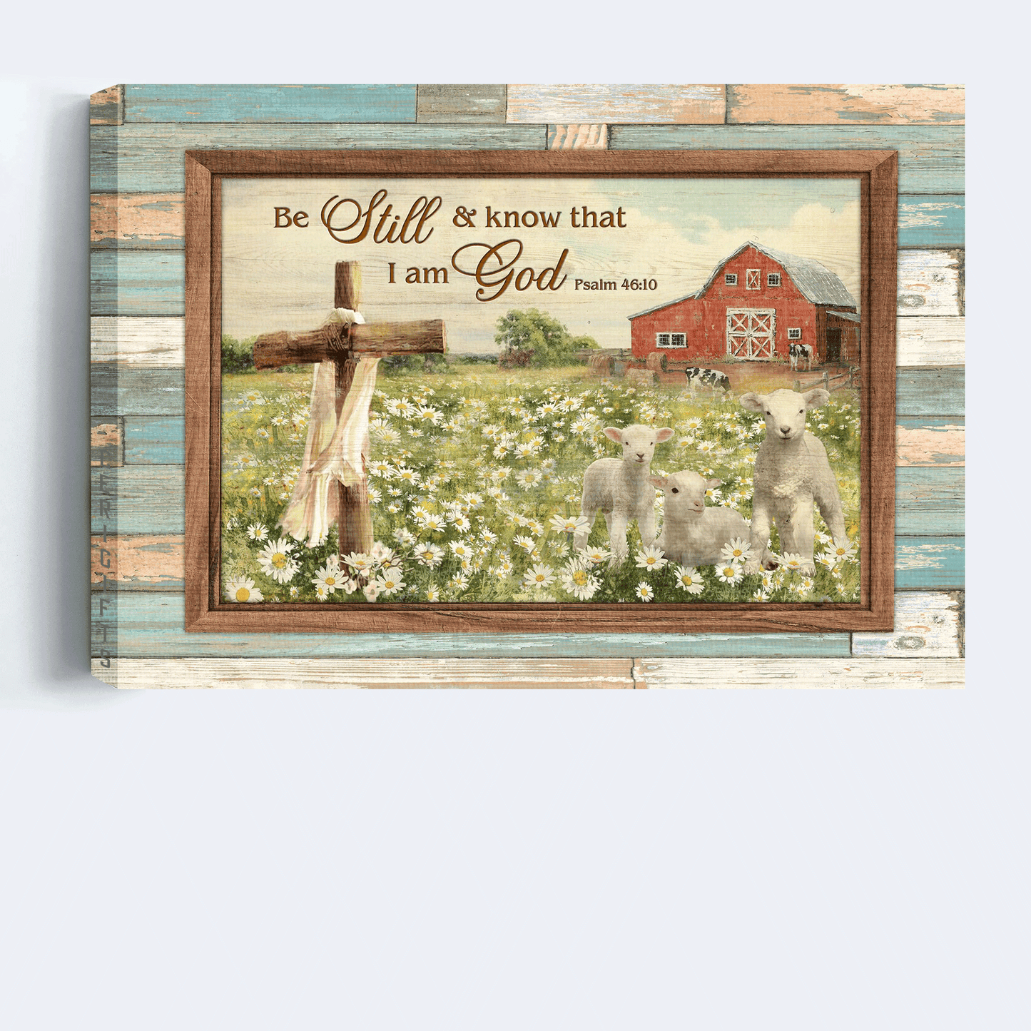 Jesus Landscape Canvas - White Sheep, Daisy Field, Wooden Cross Canvas - Gift For Christian - Be Still And Know That I Am God Canvas
