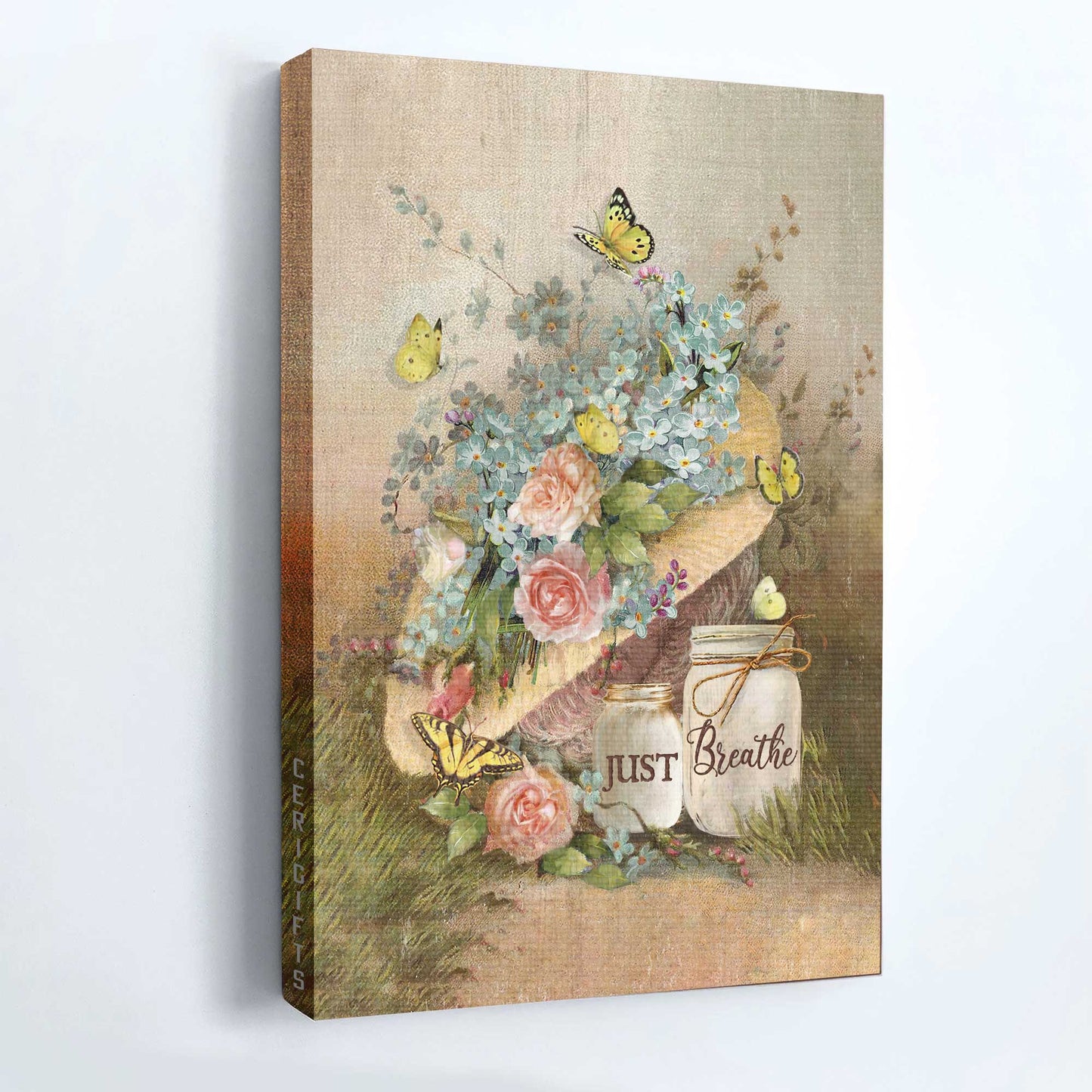 Jesus Portrait Canvas - Pastel flower vase, Yellow butterfly Portrait Canvas - Gift For Christian - Just breathe Portrait Canvas