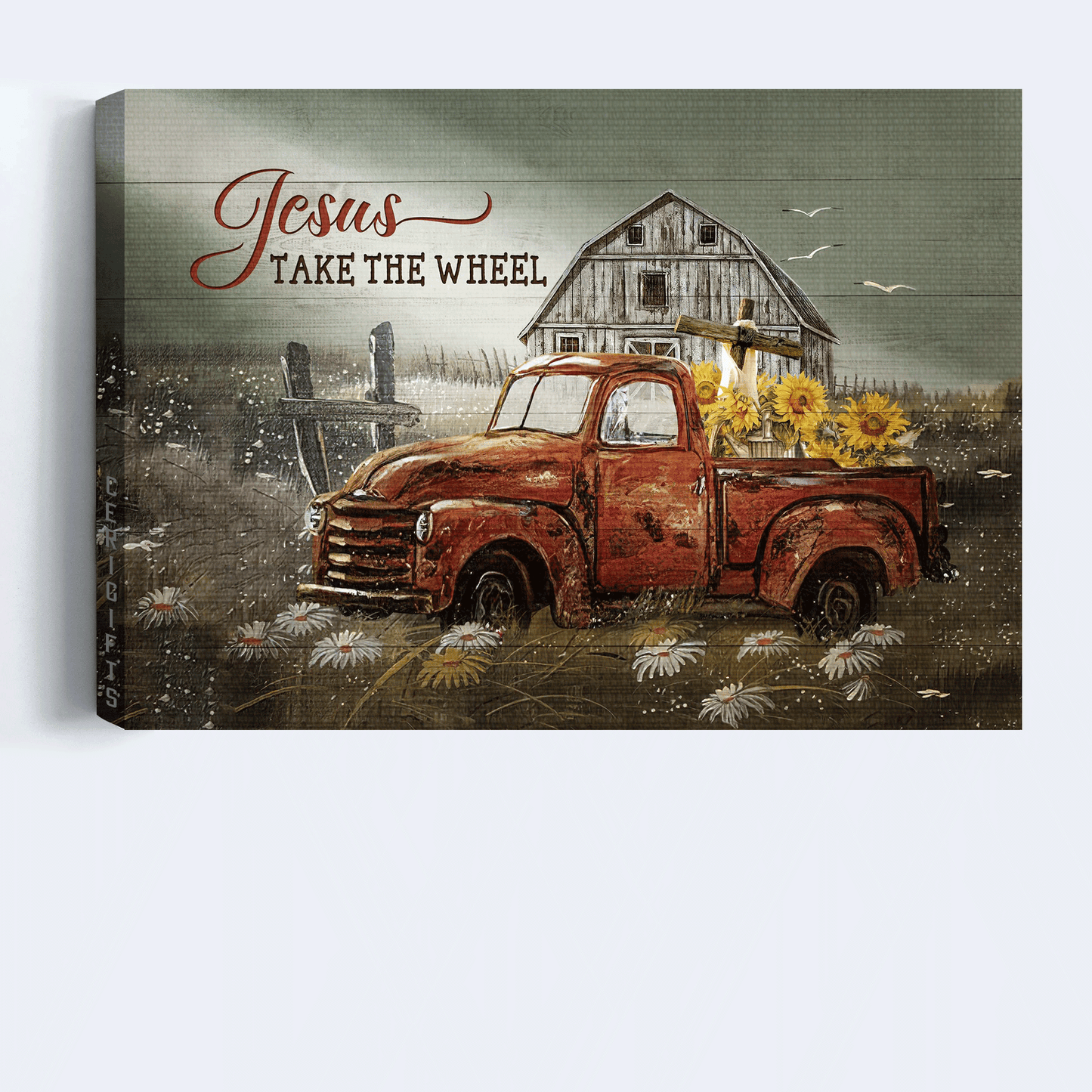 Jesus Landscape Canvas - Old ladybug car, Stunning drawing, Sunflower Landscape Canvas - Gift For Christian - Jesus take the wheel Landscape Canvas