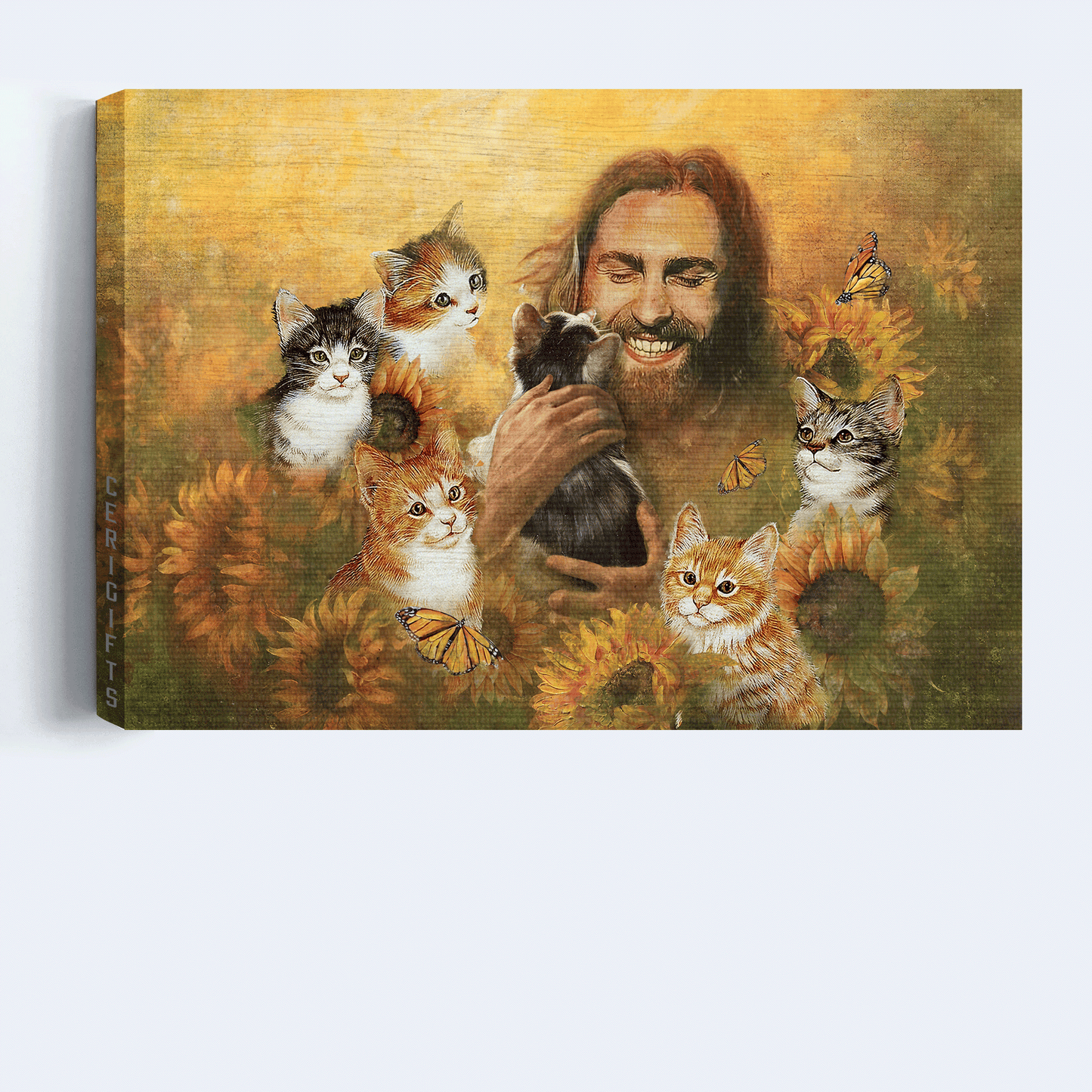 Jesus Landscape Canvas - Lovely cats, Sunflower field, Monarch butterfly, Jesus Christ among animals Landscape Canvas - Gift For Christian Landscape Canvas Prints, Home Decor Wall Art