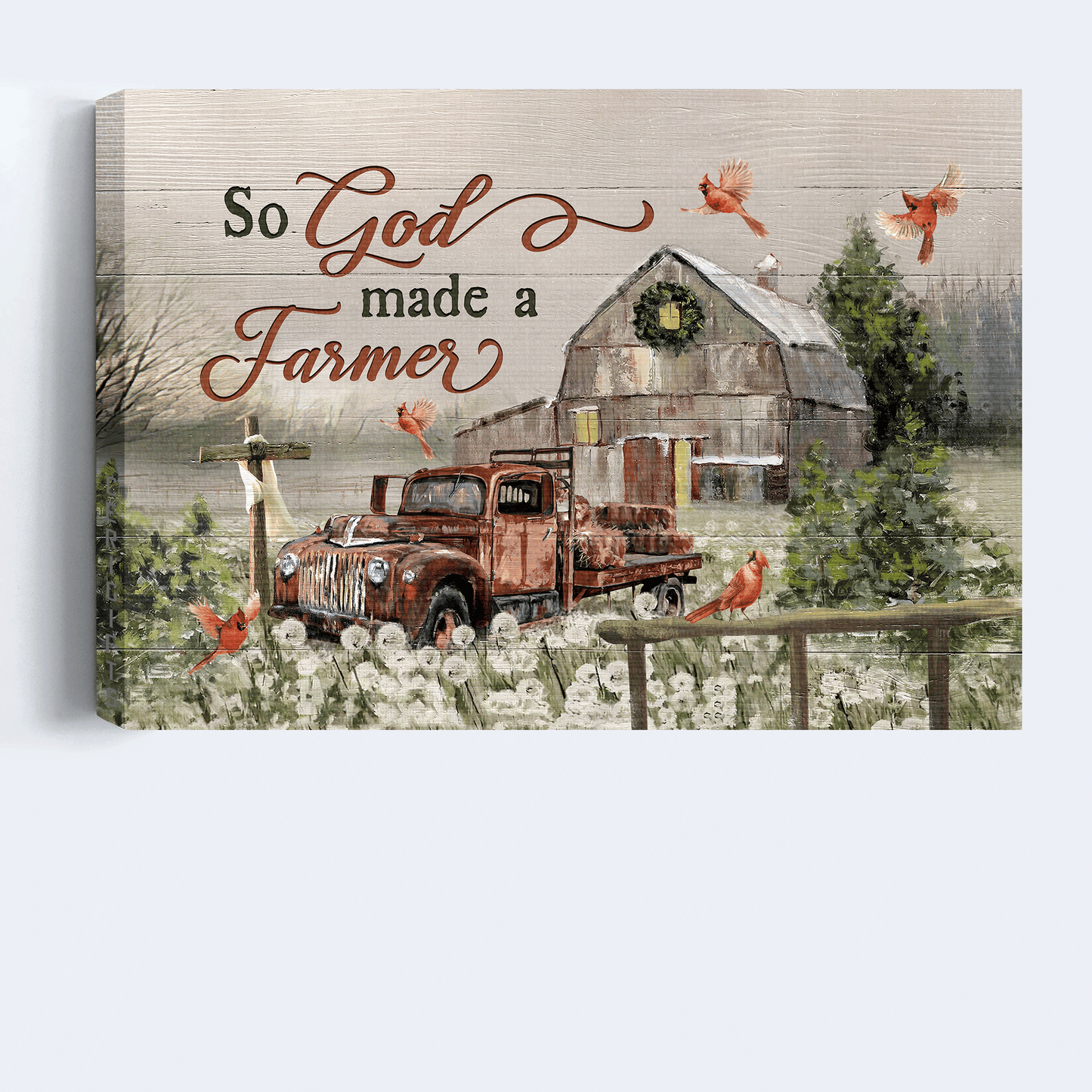Jesus Landscape Canvas - Tranquil Farm, Lovely Red Cardinal, Amazing Old Truck, Wooden Cross Canvas - Gift For Christian - So God Made A Farmer Canvas