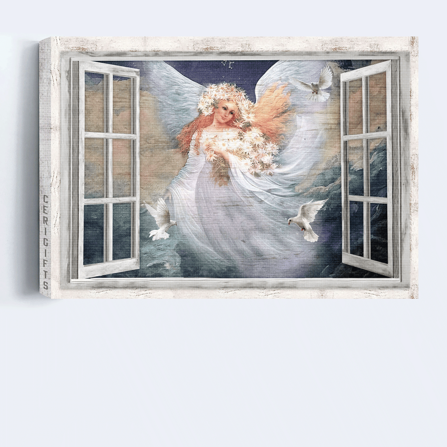 Jesus Landscape Canvas - Beautiful angel, Daisy vase, White dove Landscape Canvas - Gift For Christian - The way to heaven