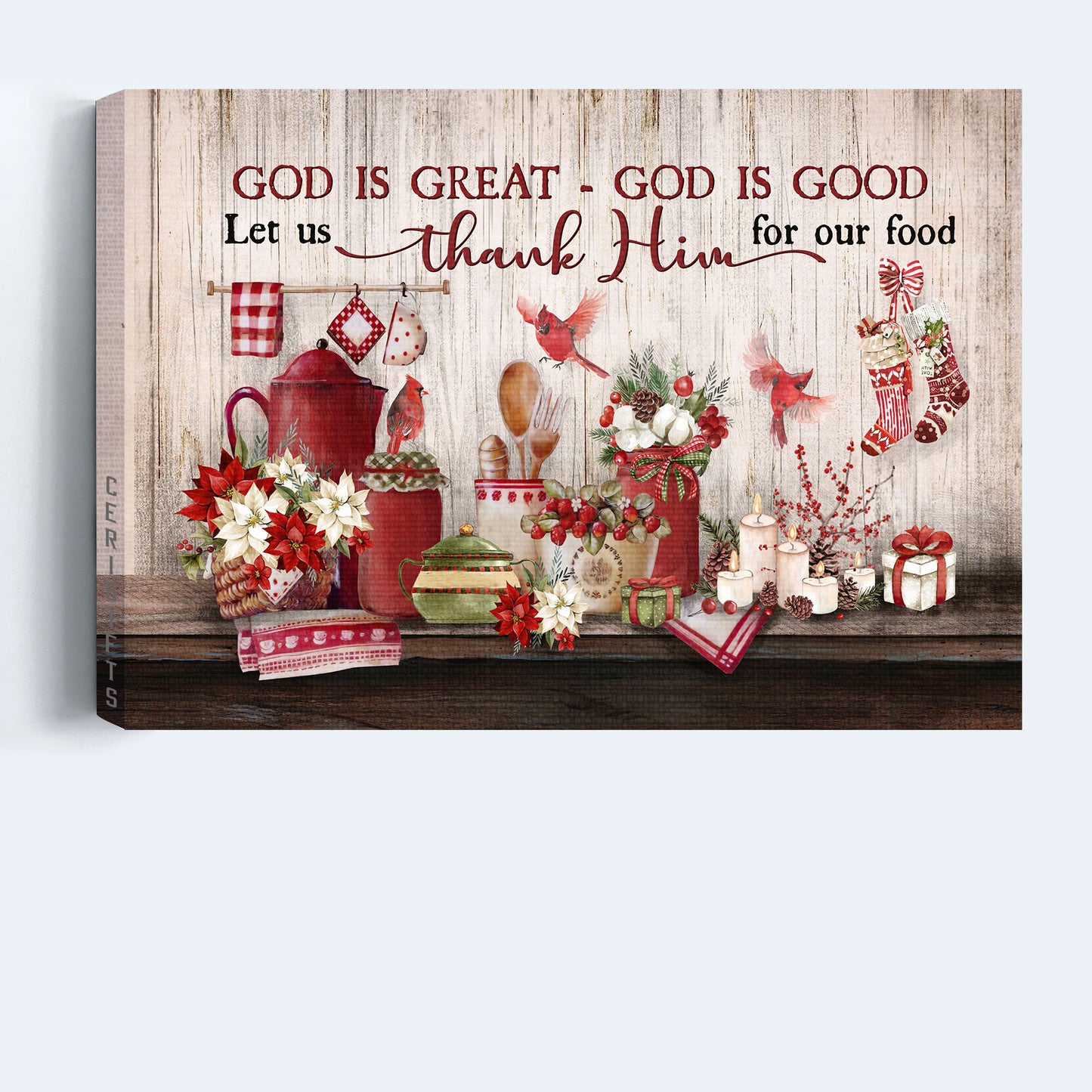 Jesus Landscape Canvas - Christmas Kitchen, Colorful Flower, Red Cardinal, Merry Christmas Landscape Canvas - Gift For Christian - God Is Great Landscape Canvas