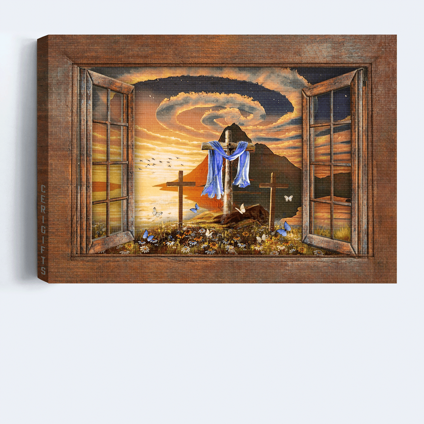 Jesus Landscape Canvas- Beautiful halo, Orange sunset, Wooden cross, Window, Pretty butterfly canvas- Gift for Christian
