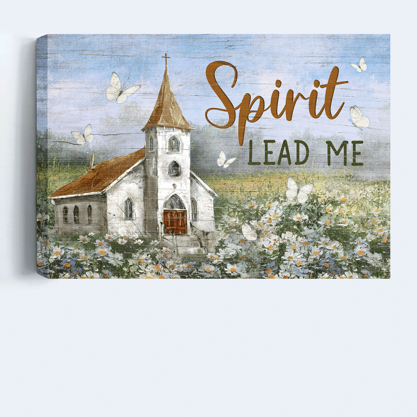 Jesus Landscape Canvas - Beautiful Church, Flower Field, Butterfly Landscape Canvas - Gift For Christian - Spirit lead me
