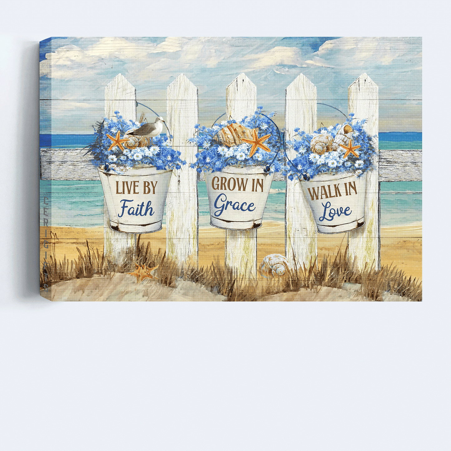 Jesus Landscape Canvas- Baby Flower, Beach Drawing, White Fence, Sea Animal Canvas- Gift For Christian- Live By Faith