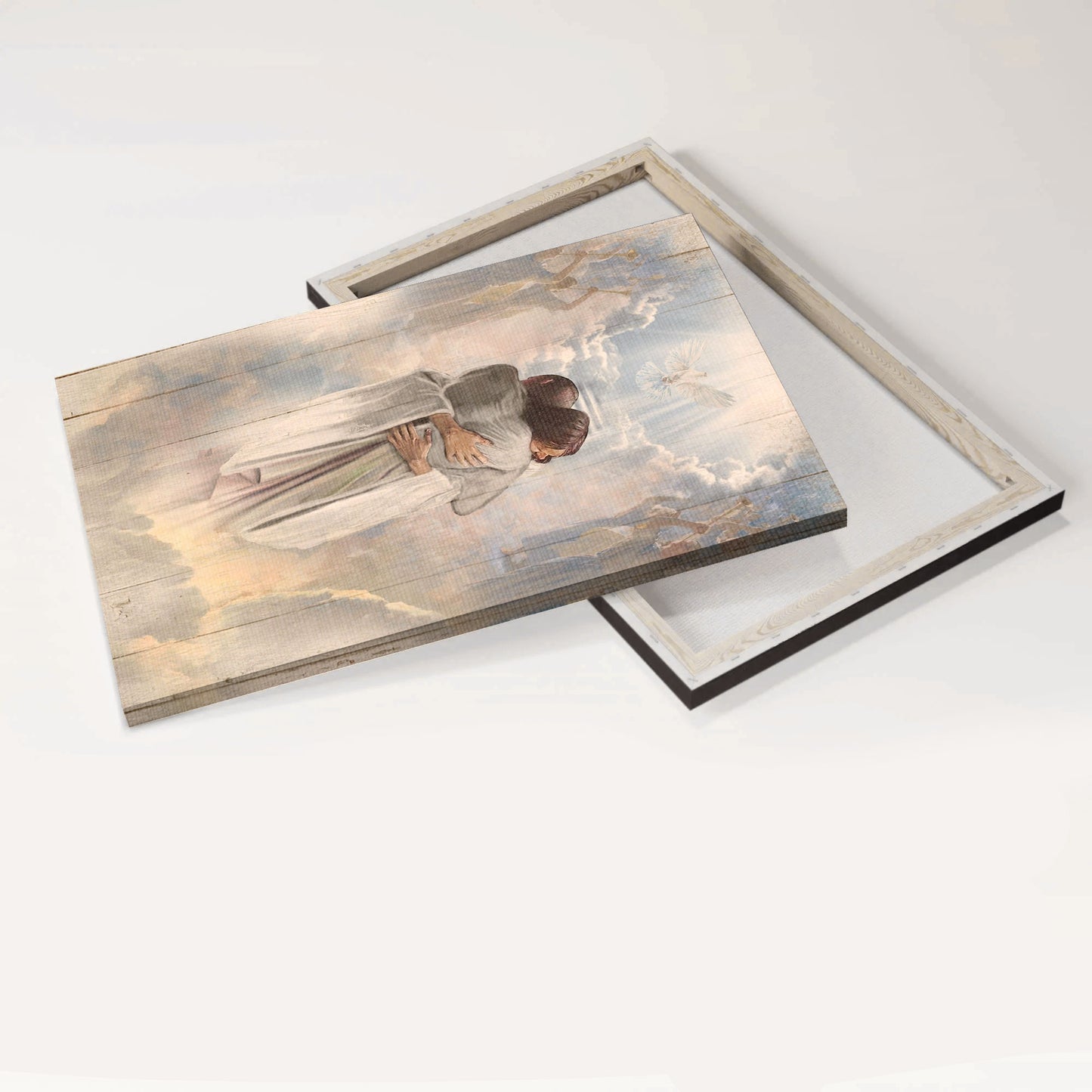 Jesus Christ Portrait Canvas - Beautiful heaven Painting Canvas, Holy spirit, Dove, Faith, God, Man hugging Jesus in heaven Canvas - Wall Decor Framed