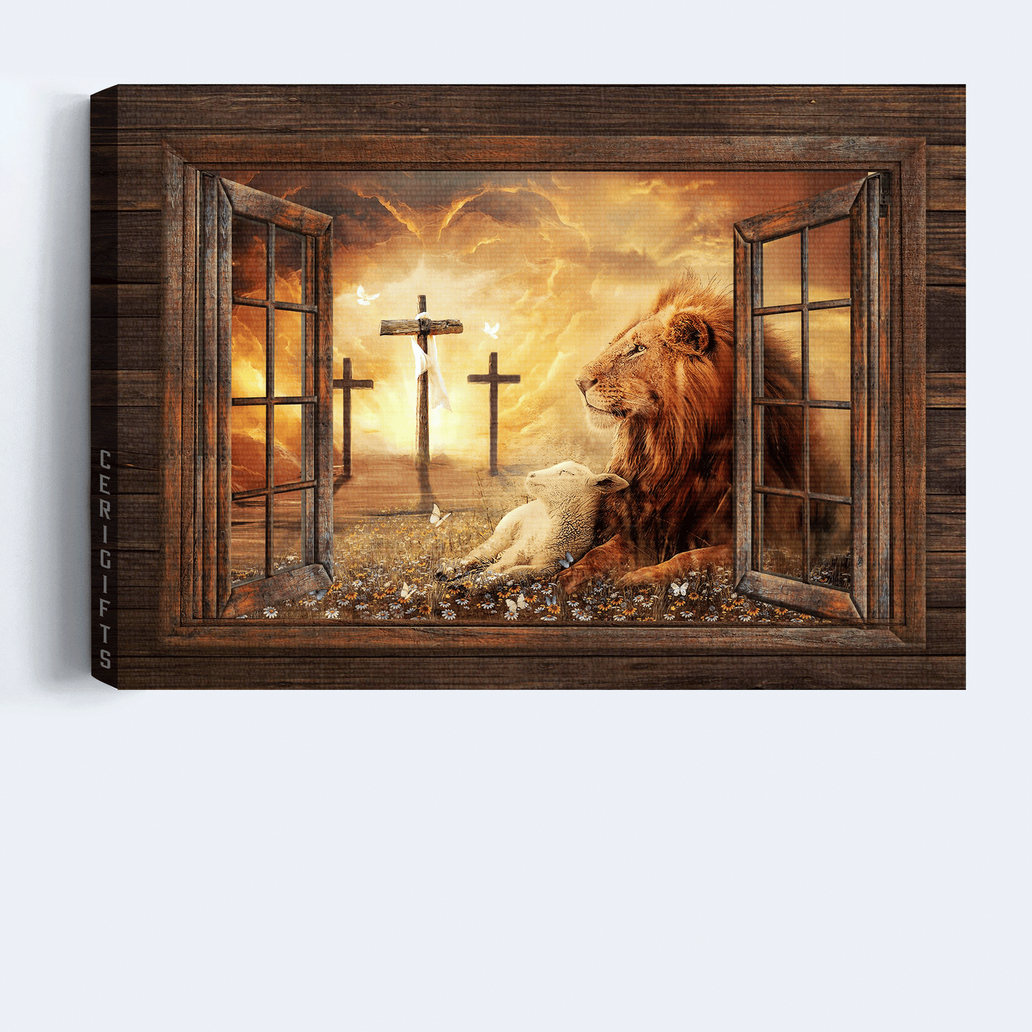 Jesus Landscape Canvas - Lion of Judah, Lamb of God, Three rugged crosses, On a peaceful day Landscape Canvas - Gift For Christian Landscape Canvas