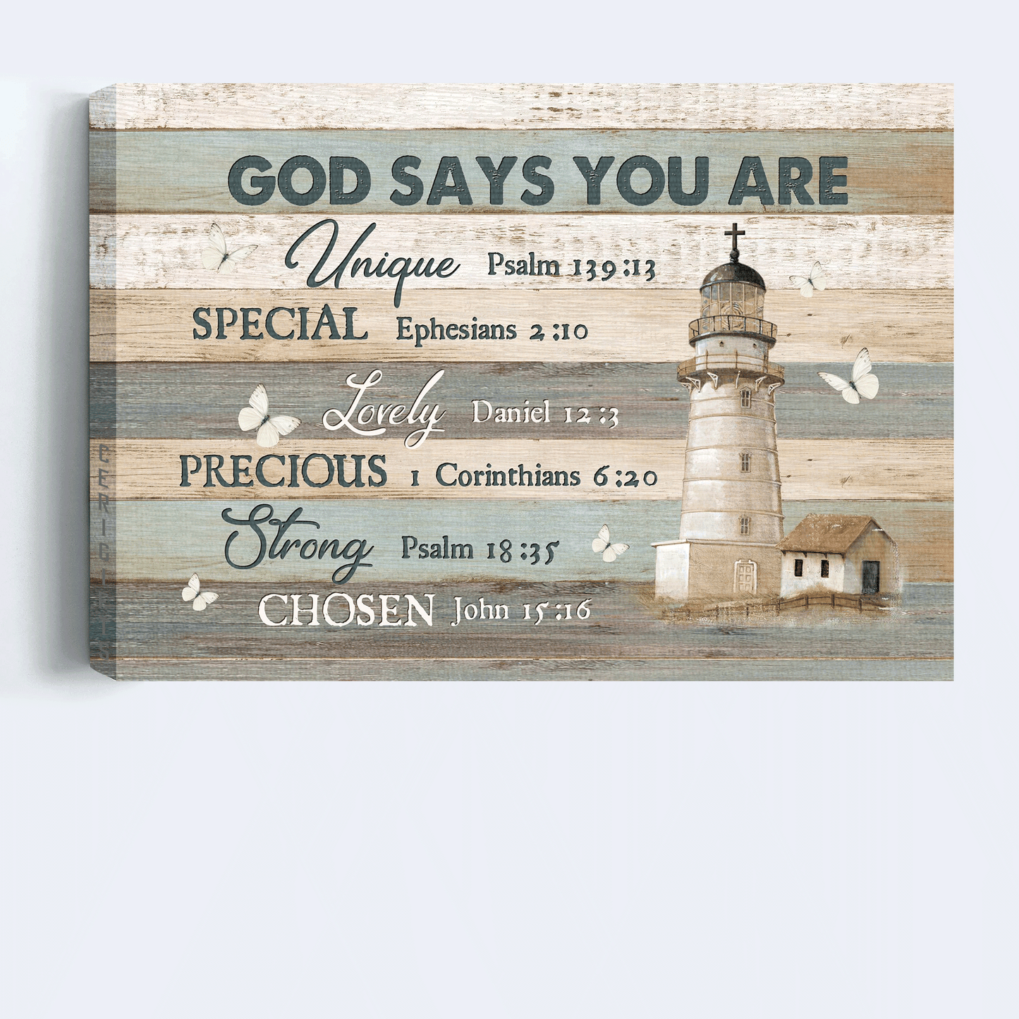 Jesus Landscape Canvas - Light house, Flying butterfly, Wood plank texture Canvas - Gift For Christian - God says you are unique Landscape Canvas