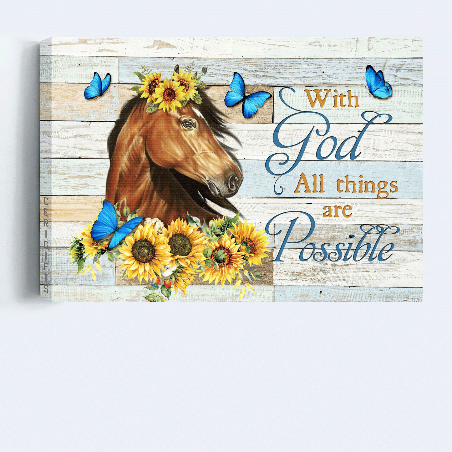 Jesus Landscape Canvas- Beautiful horse painting, Sunflower drawing, Blue butterfly canvas- Gift for Christian- With God all things are possible