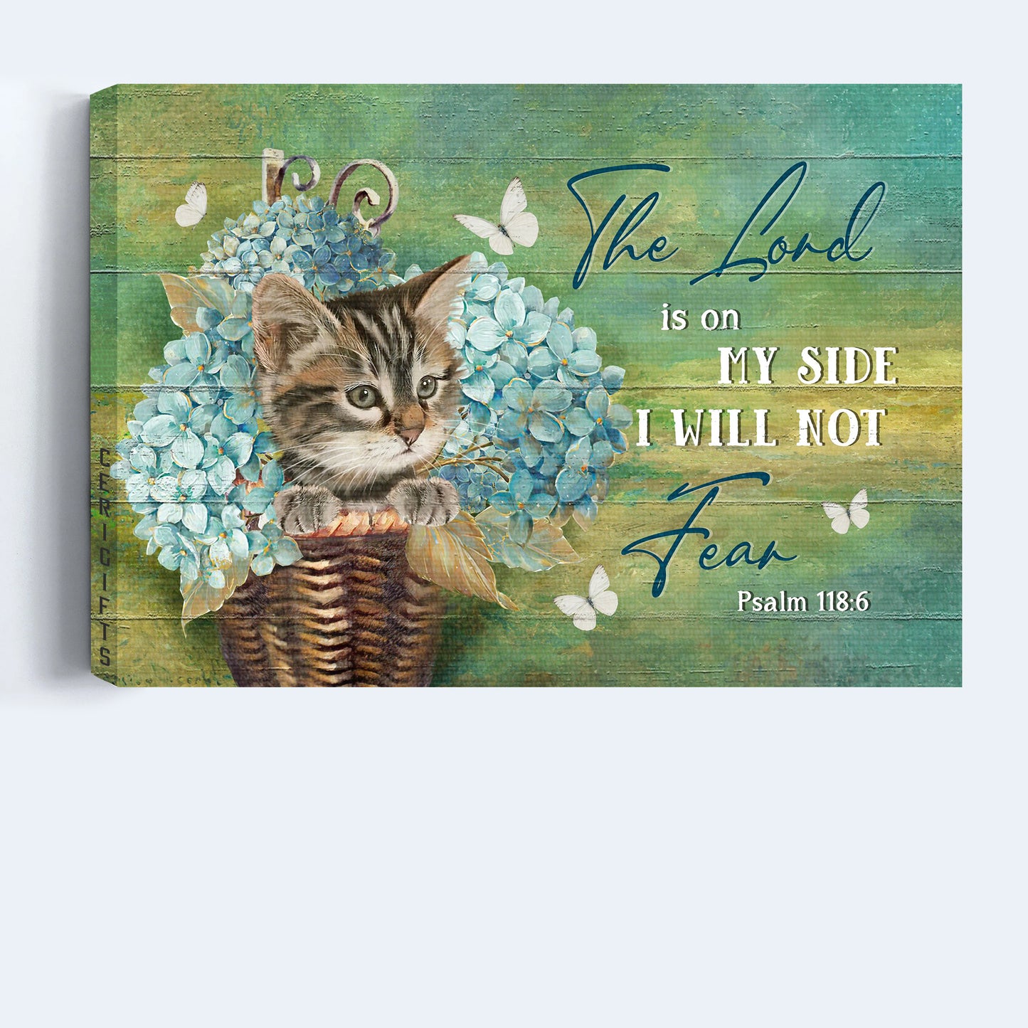 Jesus Landscape Canvas - Blue hydrangea vase, Little cat, White butterfly Landscape Canvas - Gift For Christian - The Lord is on my side Landscape Canvas