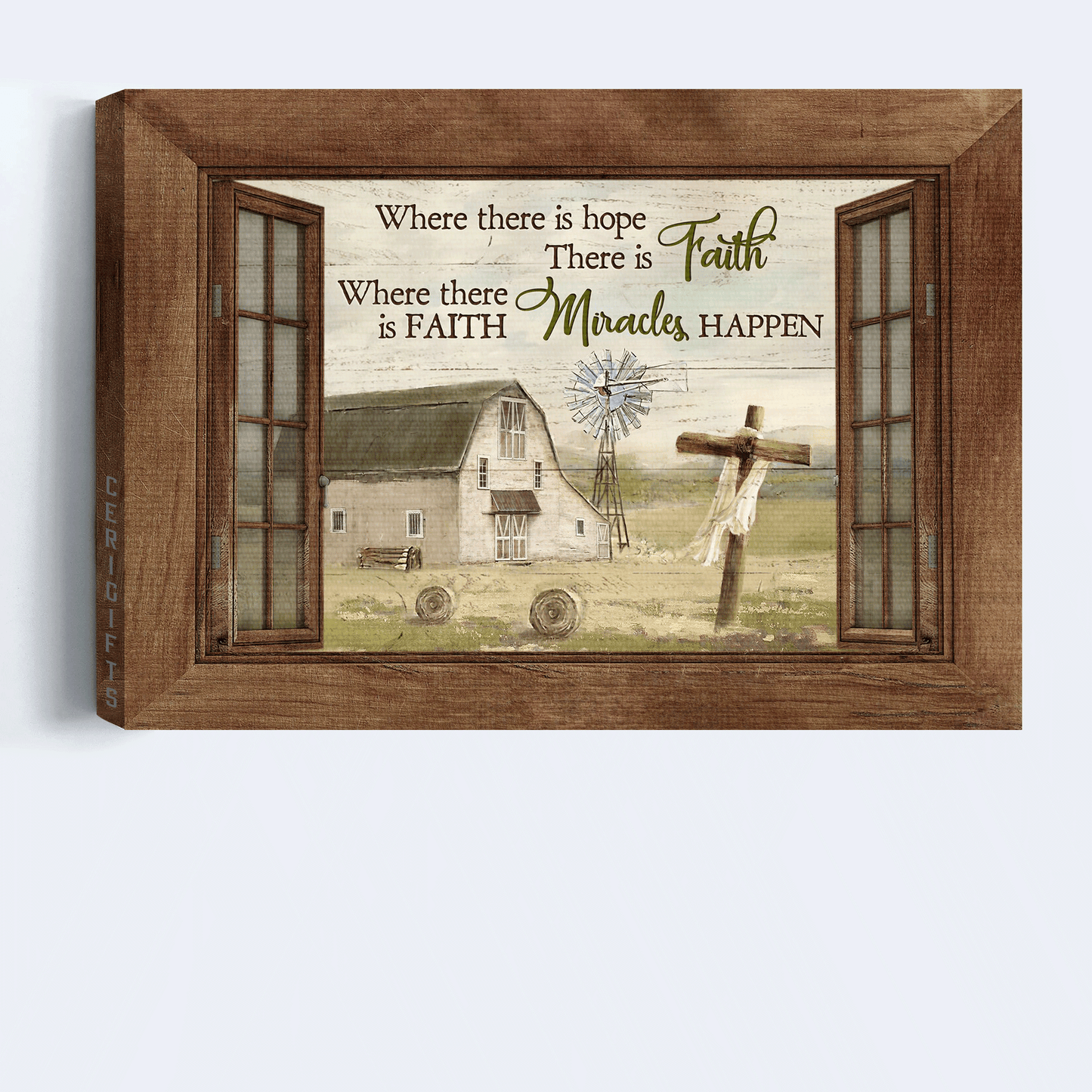 Jesus Landscape Canvas - White House, Wooden Cross, Window Frame, Windmill Canvas - Gift For Christian - Where There Is Hope There Is Faith Canvas