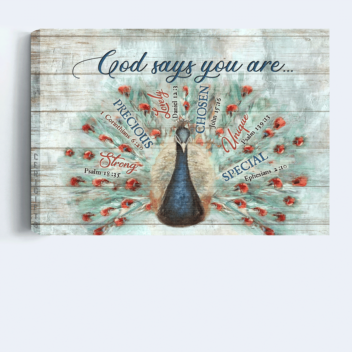 Jesus Landscape Canvas- Blue Peacock painting, Bible verses, Vintage drawing - Gift for Christian- God says you are - Landscape Canvas Prints, Home Decor Wall Art