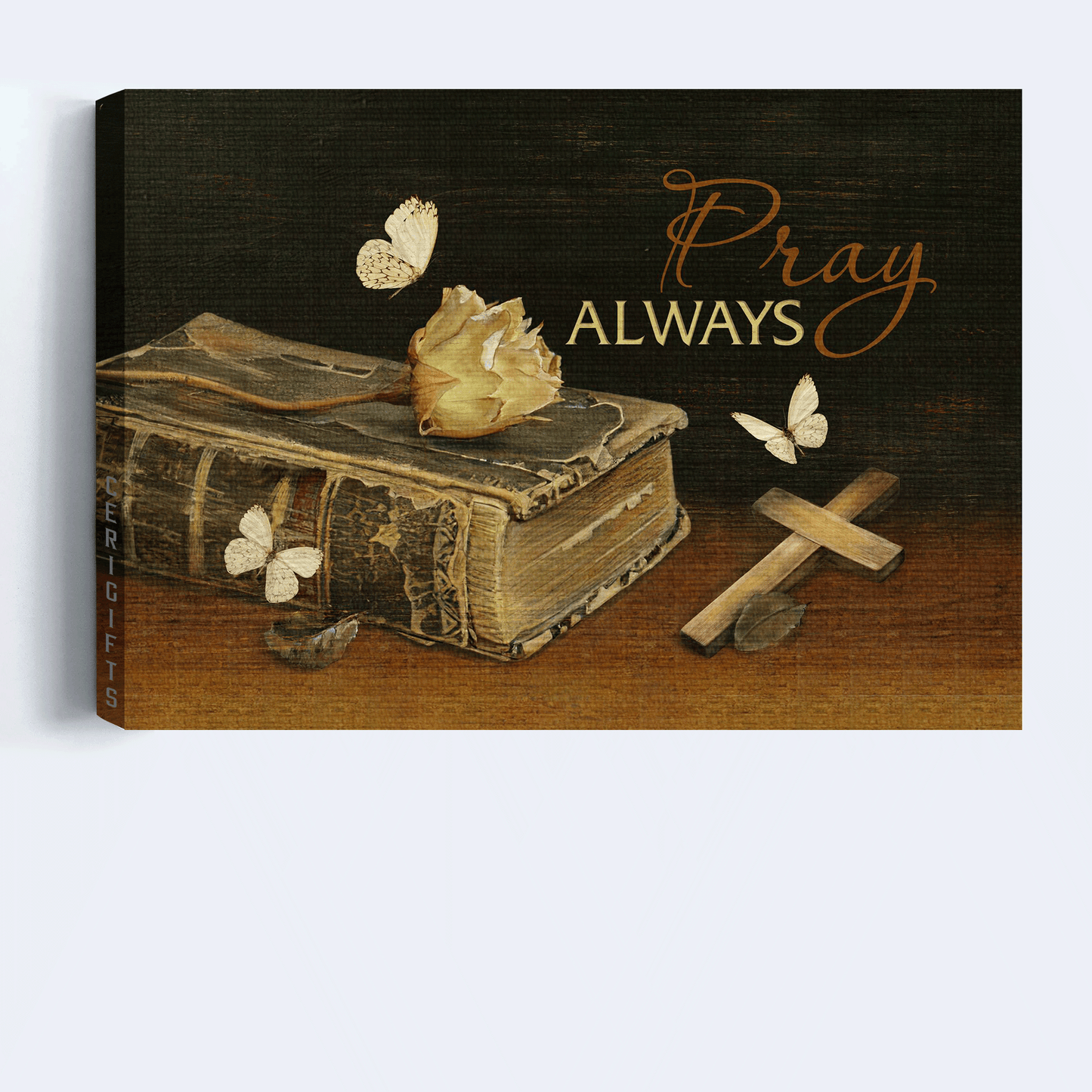 Jesus Landscape Canvas- Antique Bible, Dried Rose, Wooden Cross, White Butterfly, Book Bible Canvas- Gift For Christian- Pray Always