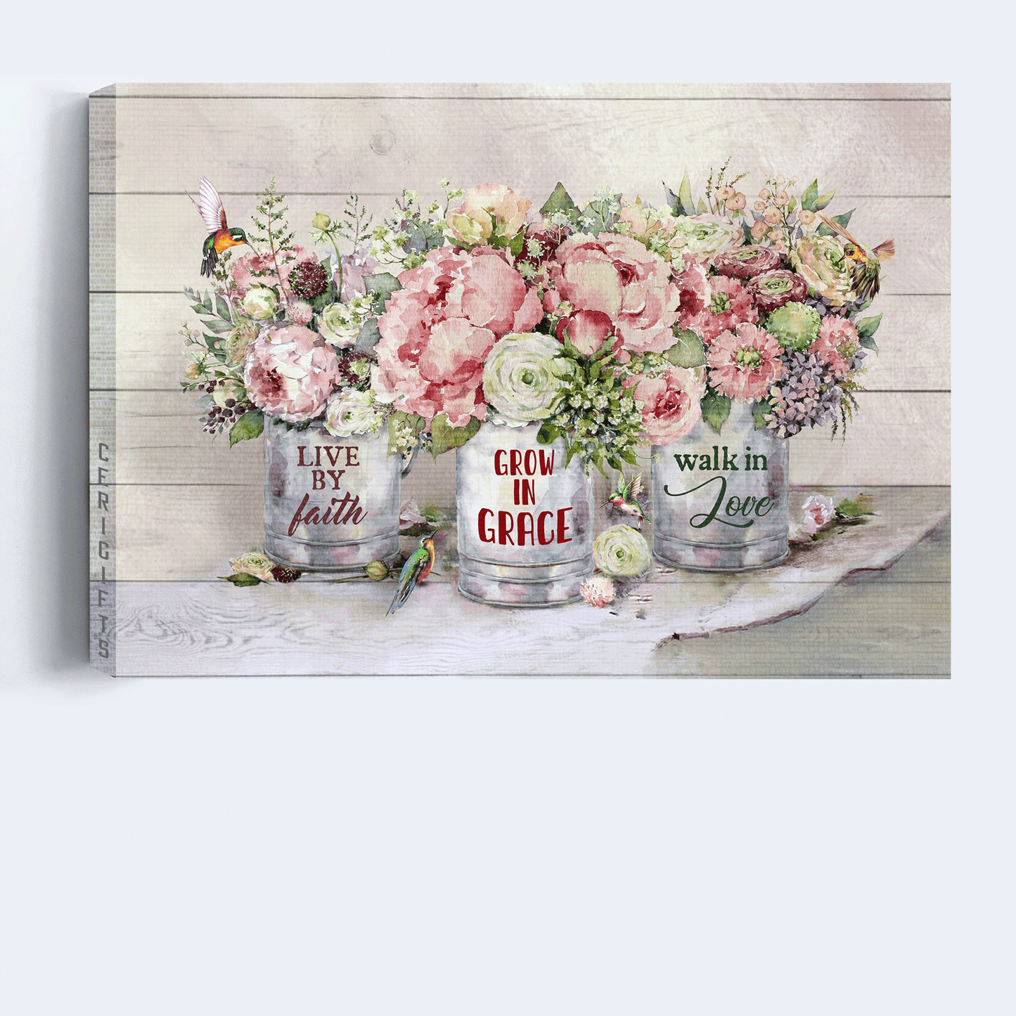 Jesus Landscape Canvas - Pastel flower garden, Hummingbird drawing Landscape Canvas - Gift For Christian - Live by faith, Grow in grace Landscape Canvas