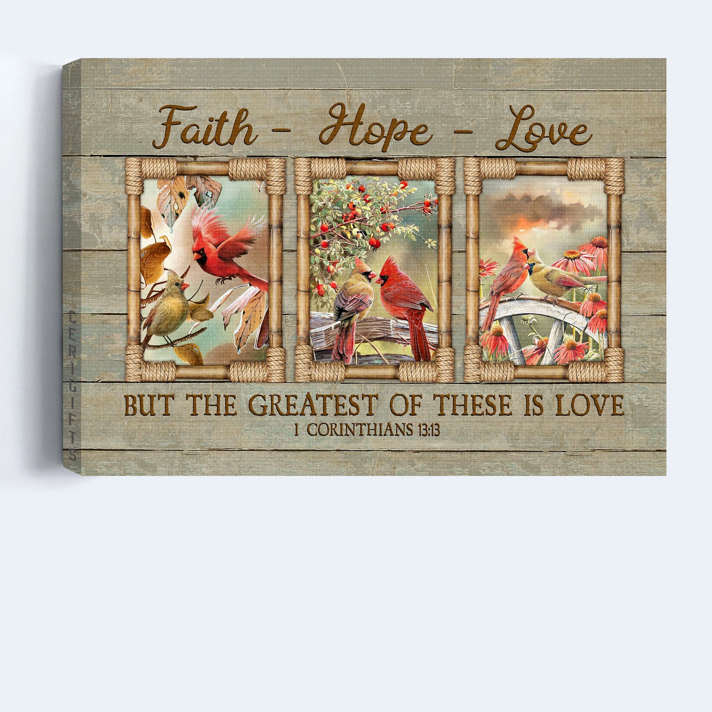 Jesus Landscape Canvas - Cardinal Couple, Bible Verse, Flower Garden Landscape Canvas - Gift For Christian - Faith Hope Love Landscape Canvas