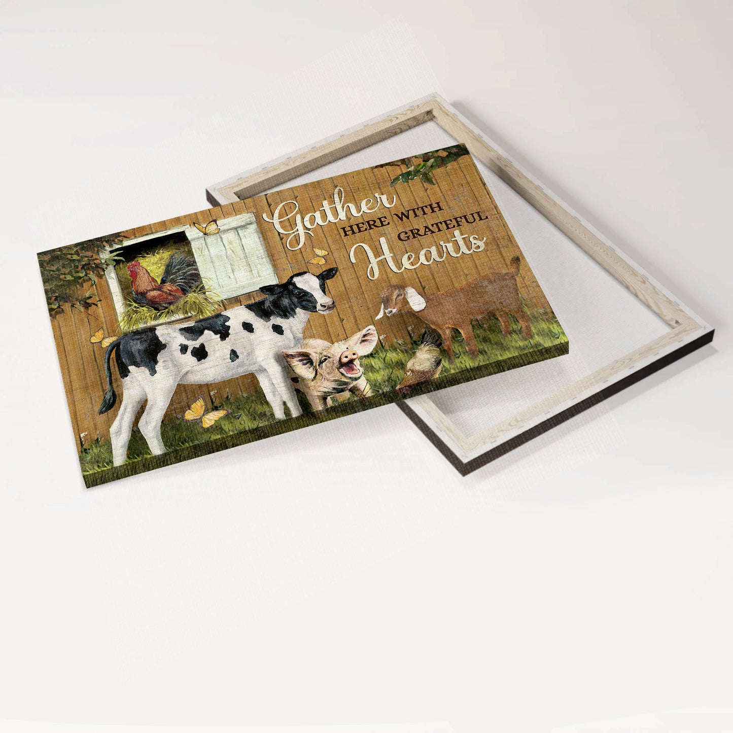 Jesus Landscape Canvas - Animal painting, Dairy cow, Butterfly Landscape Canvas - Gift For Christian - Gather here with grateful hearts