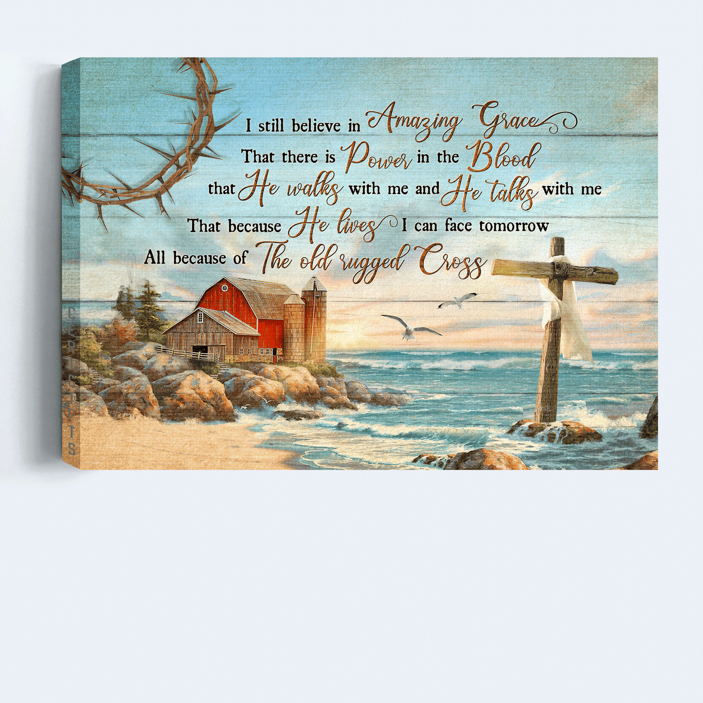 Jesus Landscape Canvas- Beach Painting, Blue Ocean, Rustic Farmhouse- Gift For Christian- I Still Believe In Amazing Grace