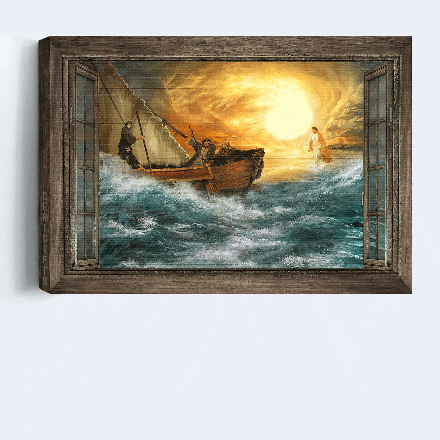 Jesus Landscape Canvas- Blue ocean, Jesus halo, God guides us through storm canvas- Gift for Christian- Landscape Canvas Prints, Wall Art