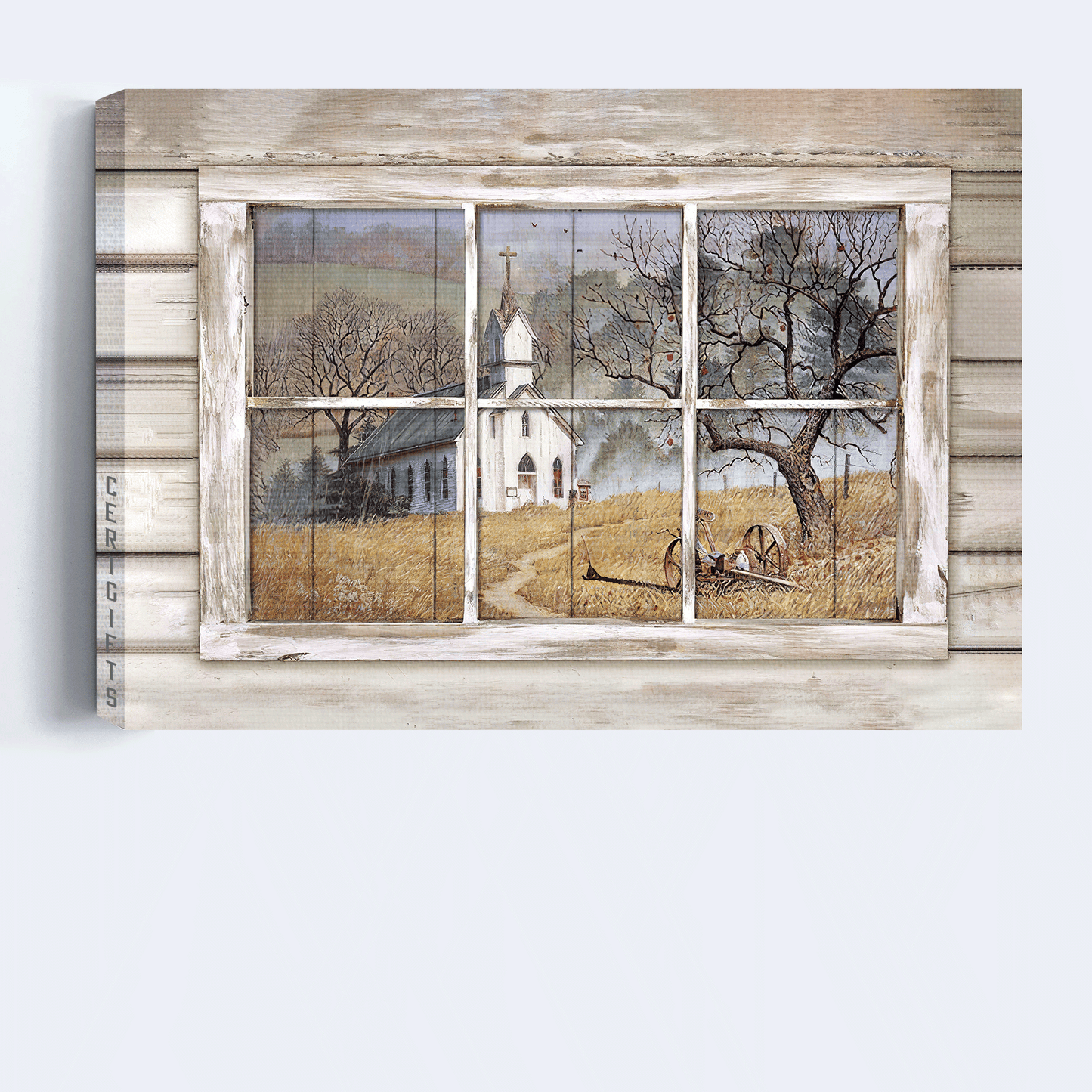 Jesus Landscape Canvas - Beautiful Church, Country Church Through Rustic Window, Yellow Meadow Landscape Canvas - Gift For Christian