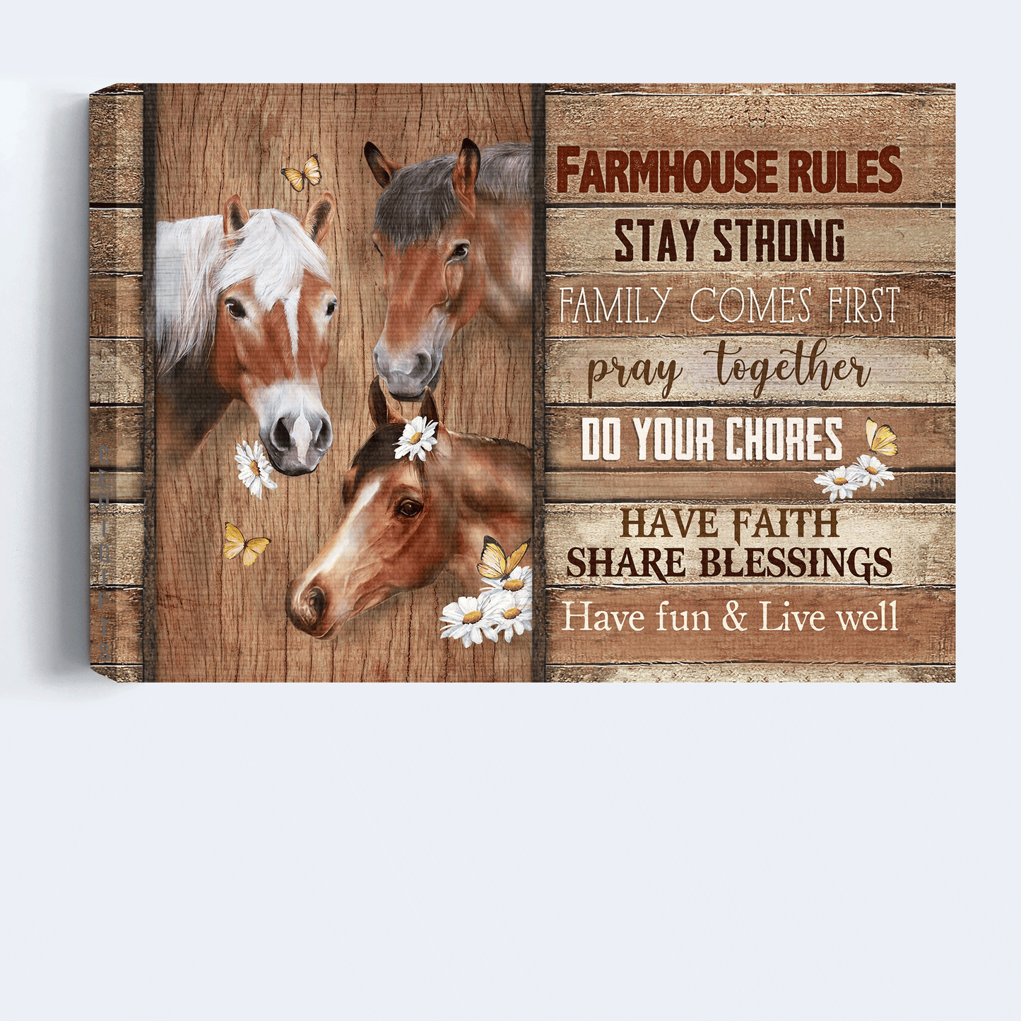 Jesus Landscape Canvas- Beautiful horse, White daisy drawing, Butterfly canvas- Gift for Christian- Stay strong family comes first