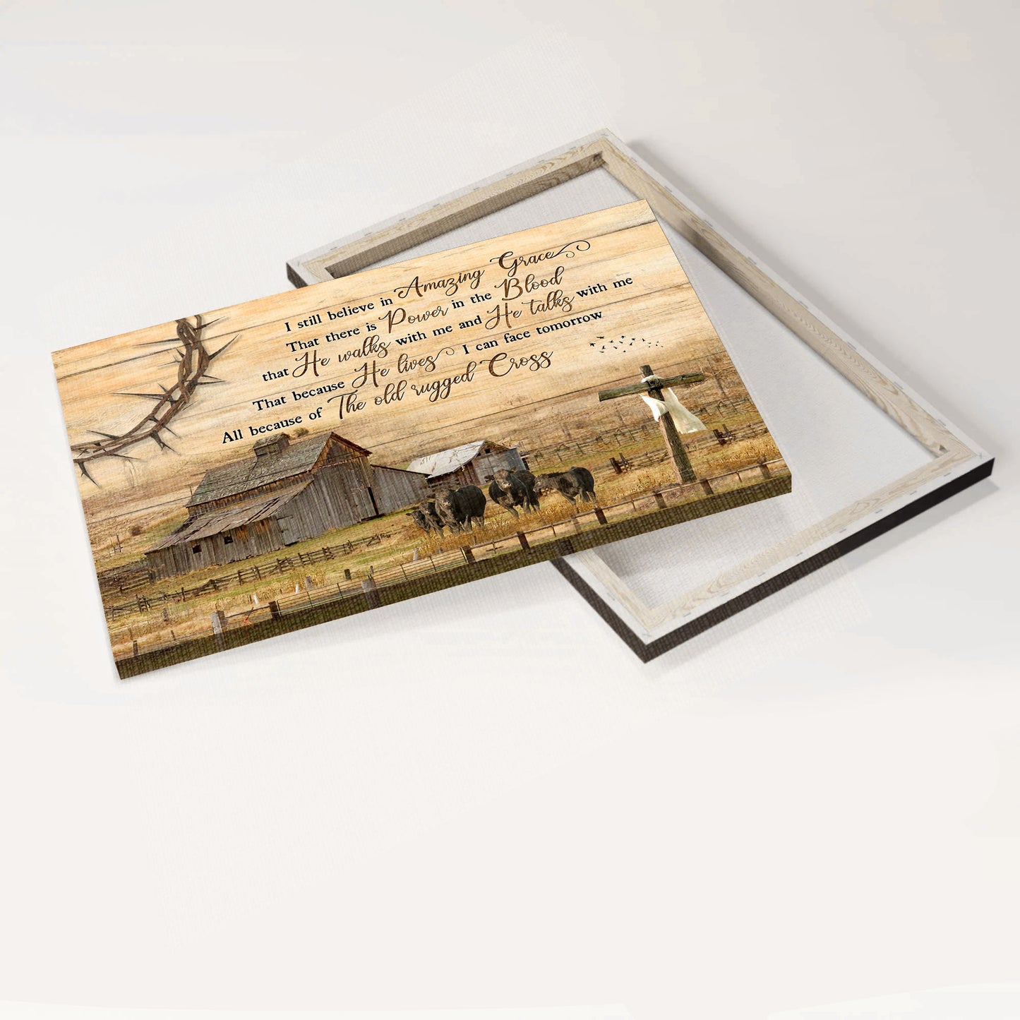 Jesus Landscape Canvas - Angus Cows With Country Tranquil Farm, Wooden Cross Landscape Canvas - Gift For Religious Christian - I still believe In Amazing Grace