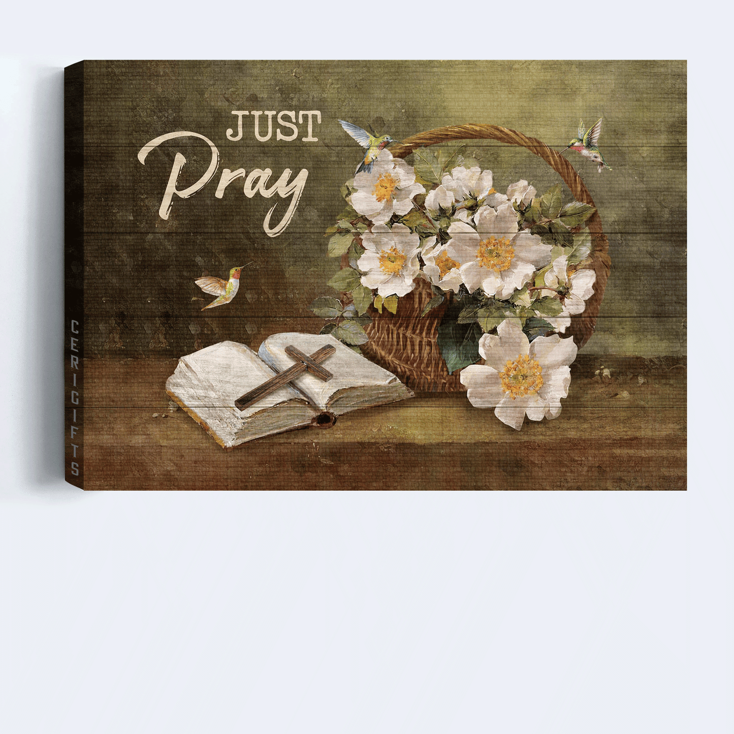 Jesus Landscape Canvas- Beautiful jasmine, Wooden cross, Colorful hummingbird canvas- Gift for Christian- Just pray