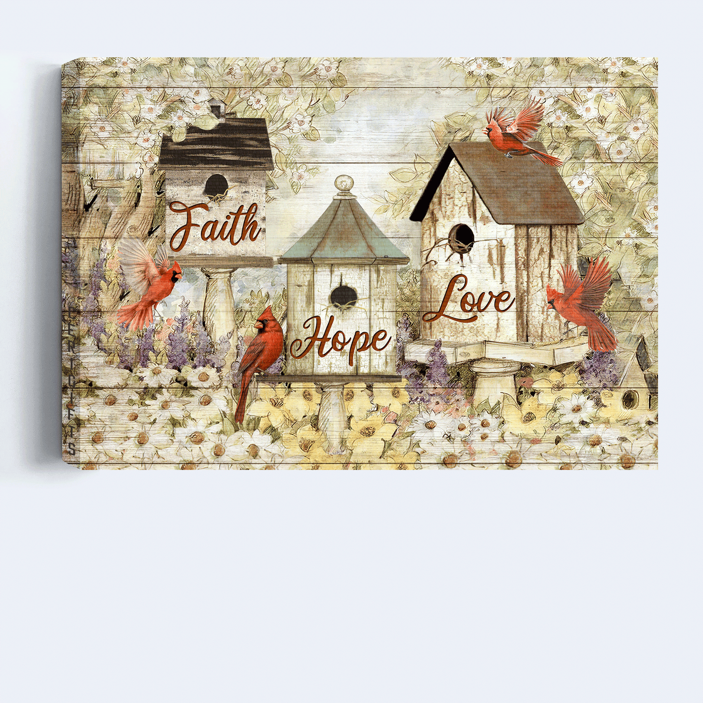 Jesus Landscape Canvas - Red cardinals, Bird house, Flower garden, Faith hope love Landscape Canvas - Gift For Christian Canvas Prints, Christian Wall Art