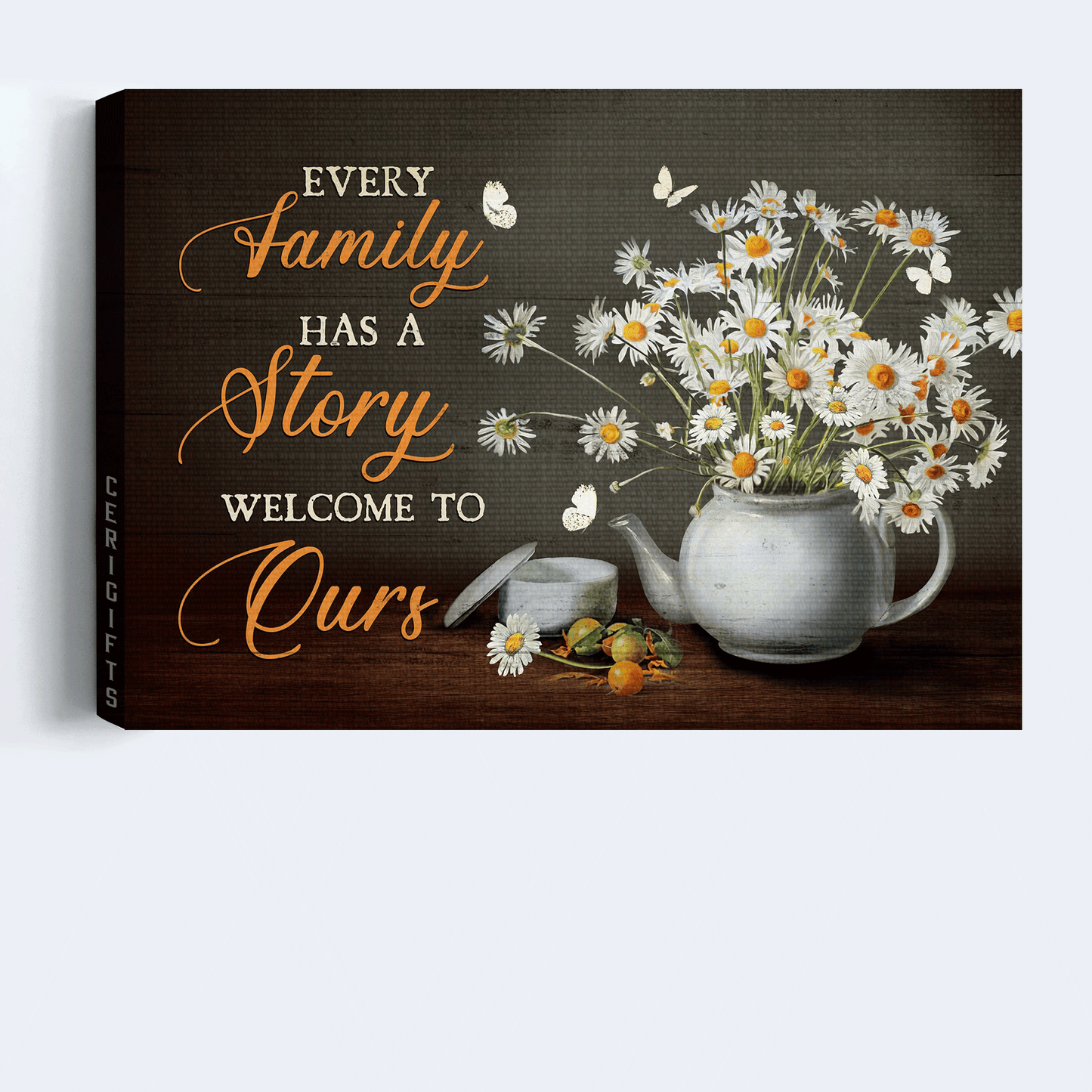 Jesus Landscape Canvas- Beautiful daisy, Tea pot, White butterfly canvas- Gift for Christian- Every family has a story welcome to ours