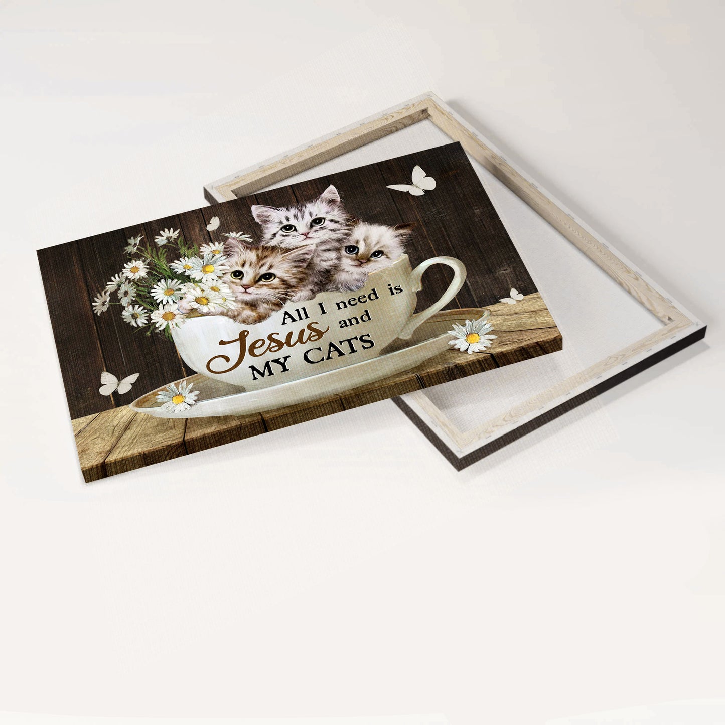 Jesus And Cat Landscape Canvas - White Cat Drawing, Daisy Flower, Tea Cup Canvas - Gift For Christian, Cat Lovers - All I Need Is Jesus And My Cats Canvas
