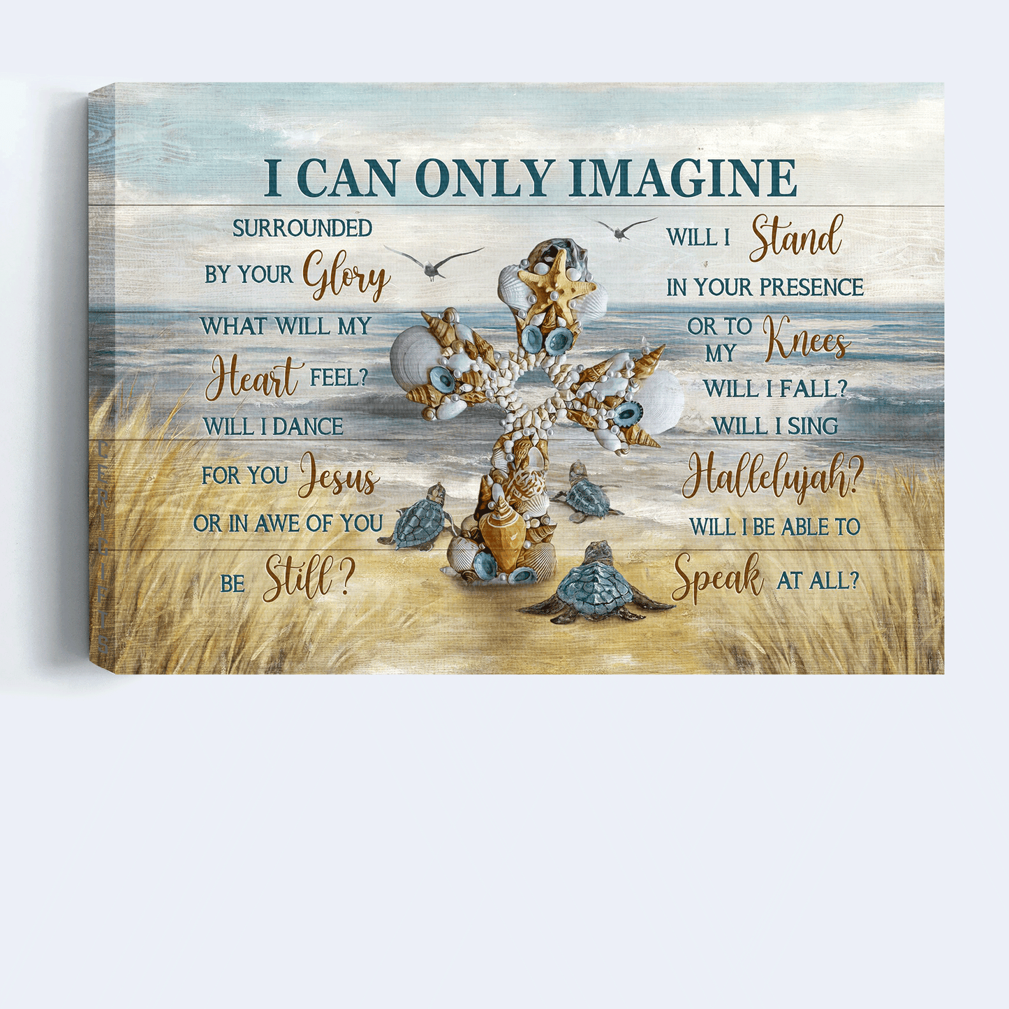 Jesus Landscape Canvas - Beautiful cross, Sea turtle, Seagull, Beach painting Landscape Canvas - Gift For Christian - I can only imagine