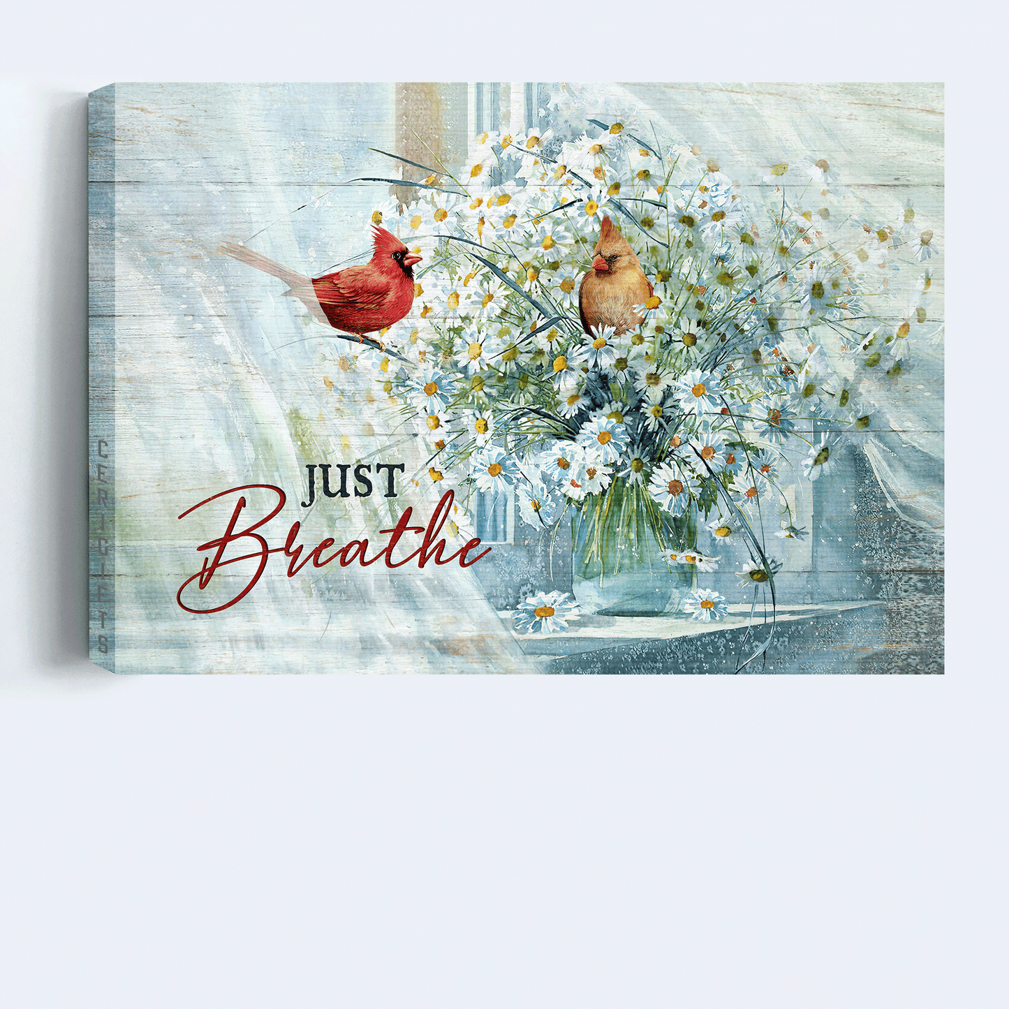Jesus Landscape Canvas - Lovely cardinal, Vibrant color painting, Beautiful daisy vase Landscape Canvas - Gift For Christian - Just breathe Landscape Canvas