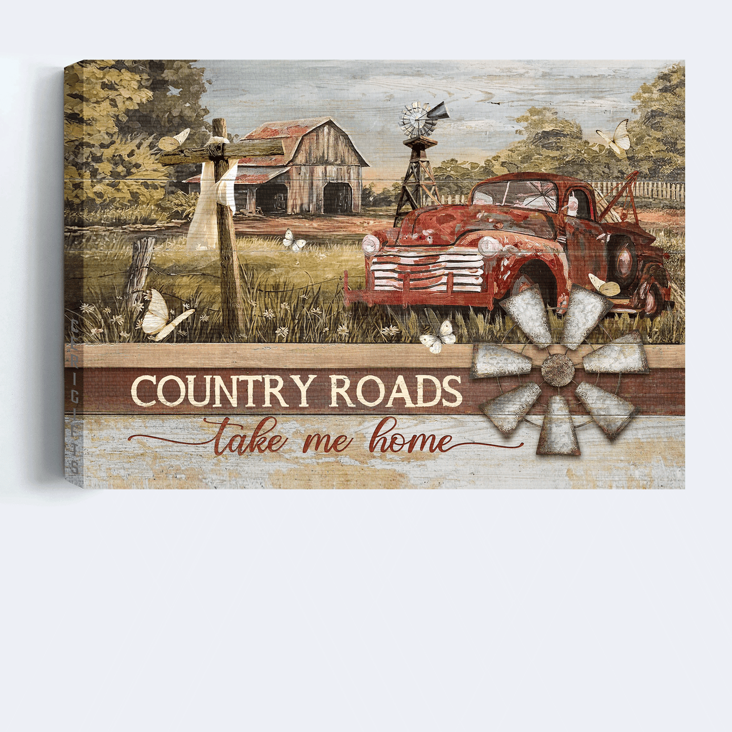 Jesus Landscape Canvas - Old ladybug car, Wooden cross, Rice field Landscape Canvas - Gift For Christian - Country roads take me home Landscape Canvas