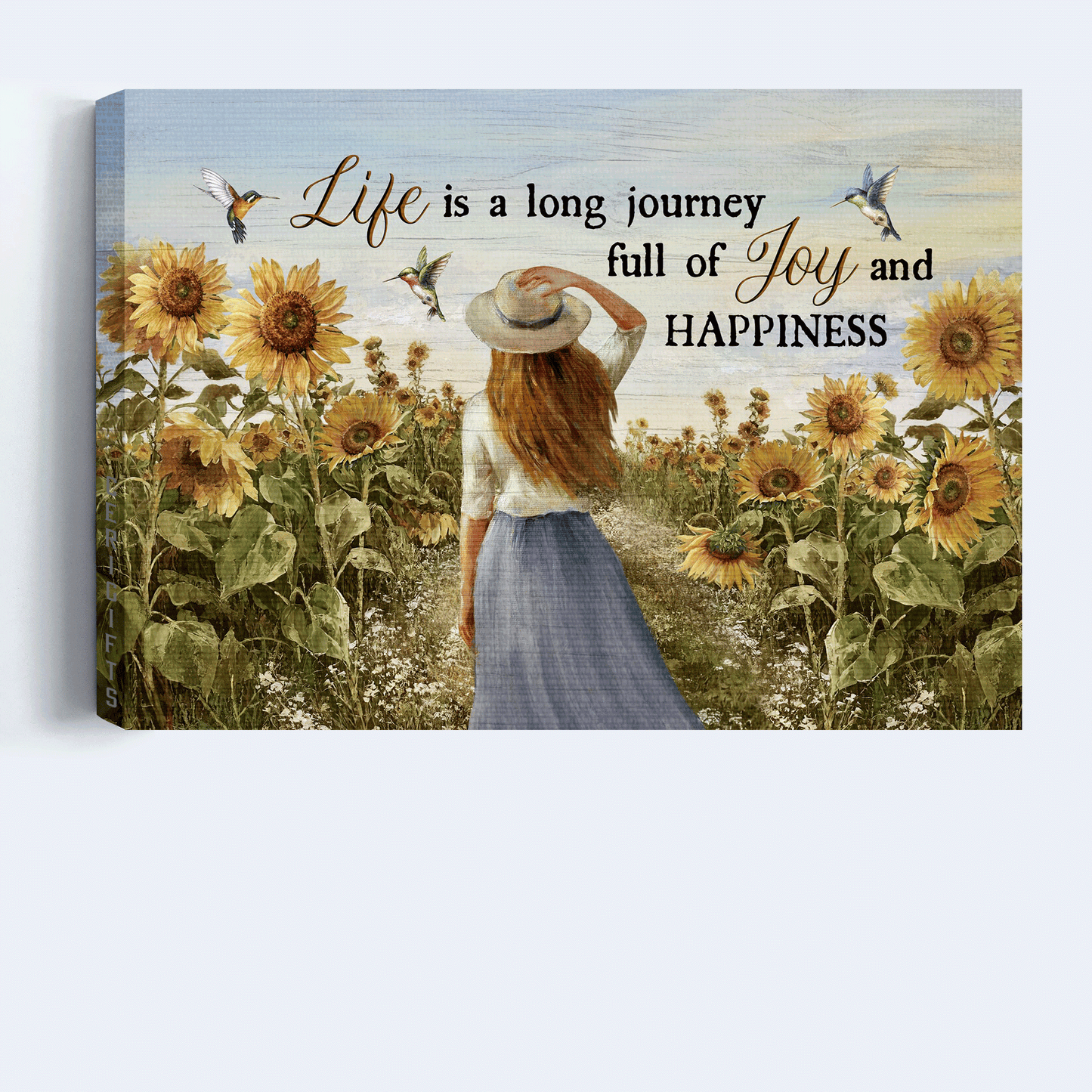 Jesus Landscape Canvas- Beautiful girl, Sunflower field, Colorful hummingbirds canvas- Gift for Christian- Life is a long journey