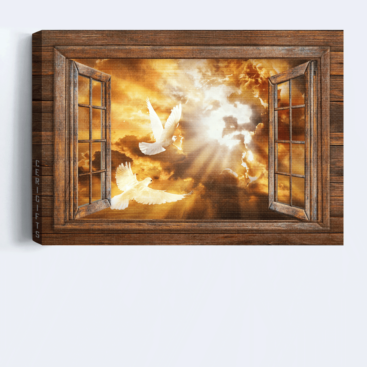Jesus Landscape Canvas - Stunning Sunset, White Dove Drawing, Infinite Halo, Wooden Window Canvas - Gift For Christian