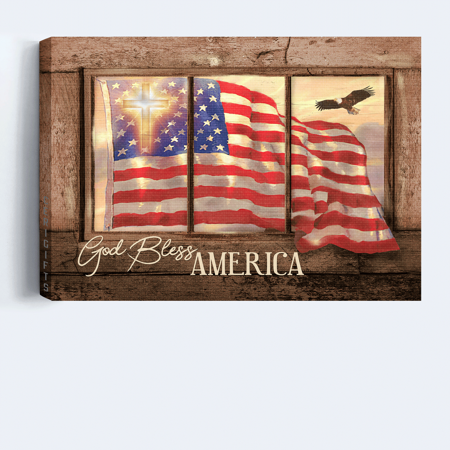 Jesus Landscape Canvas - Beautiful US flag, Cross symbol, Vintage window Landscape Canvas - Gift For Christian - God bless America