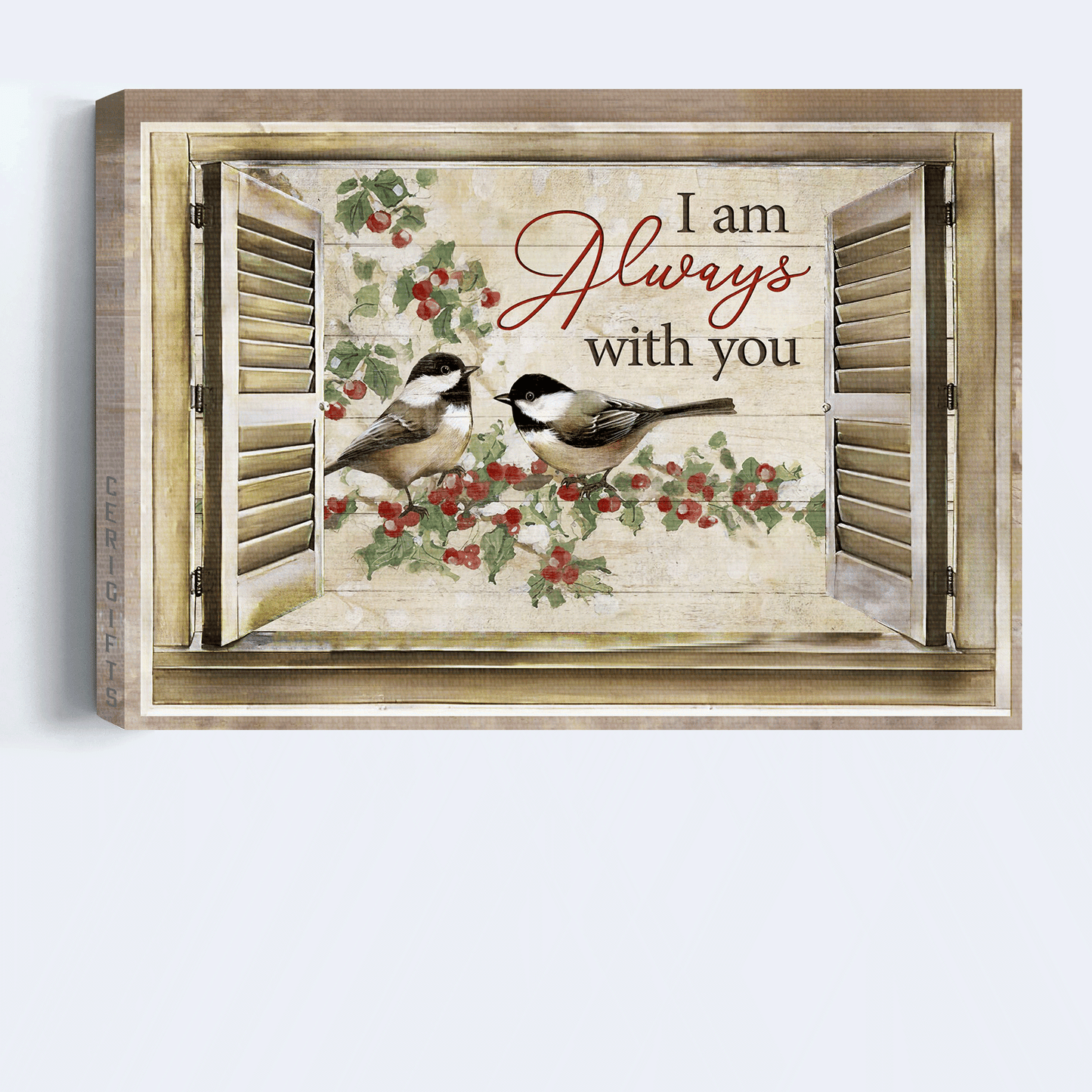 Jesus Landscape Canvas -Bird couple, Tit bird, Wooden windows, Inspirational quote Landscape Canvas - Gift For Christian - I am always with you Landscape Canvas