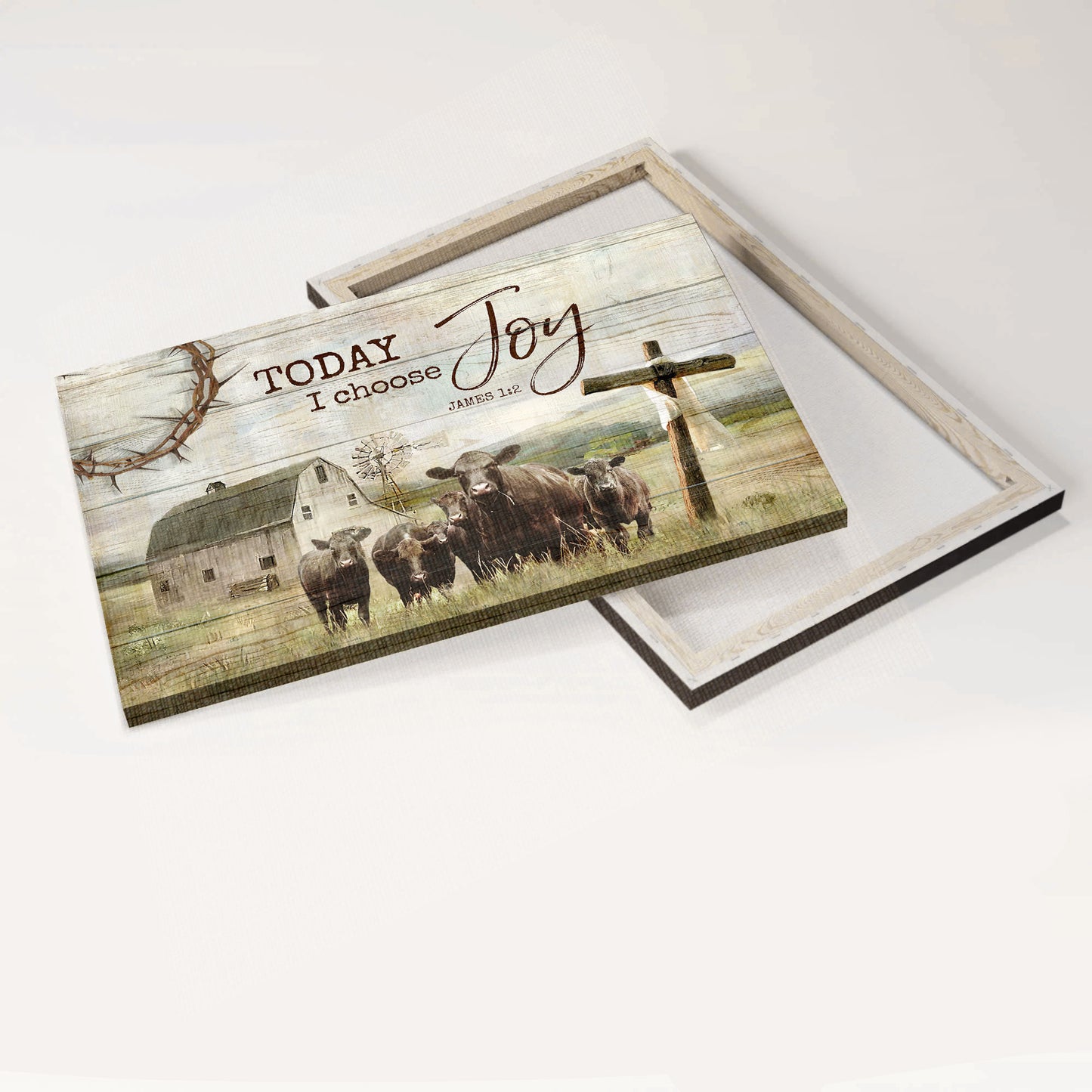 Jesus Landscape Canvas - Angus Cow, Tranquil farm, Old Barn Painting, Wooden Cross Landscape Canvas - Gift For Religious Christian - Today I choose joy