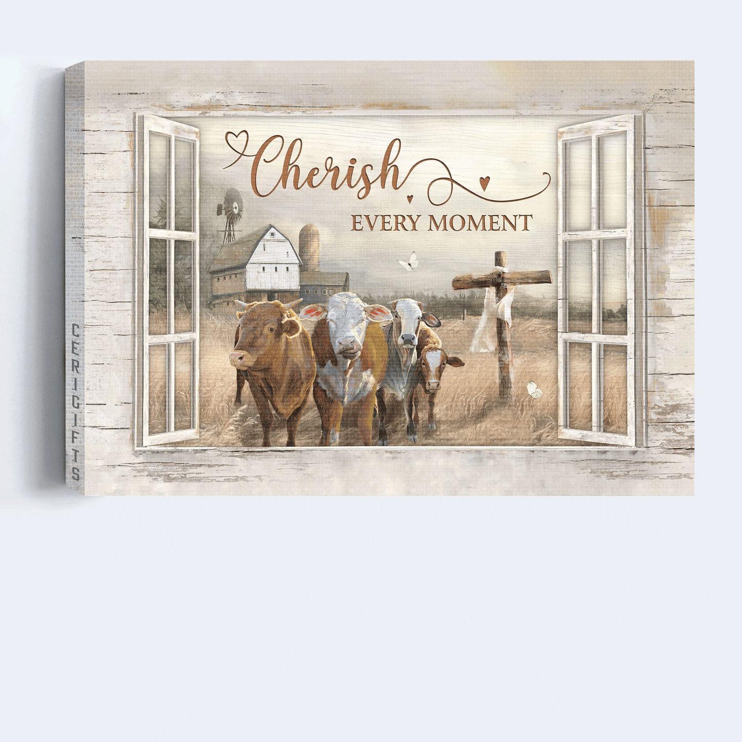 Jesus Landscape Canvas - Window Frame, Barn House Painting, Cows On Field Canvas - Gift For Christian - Cherish Every Moment Canvas
