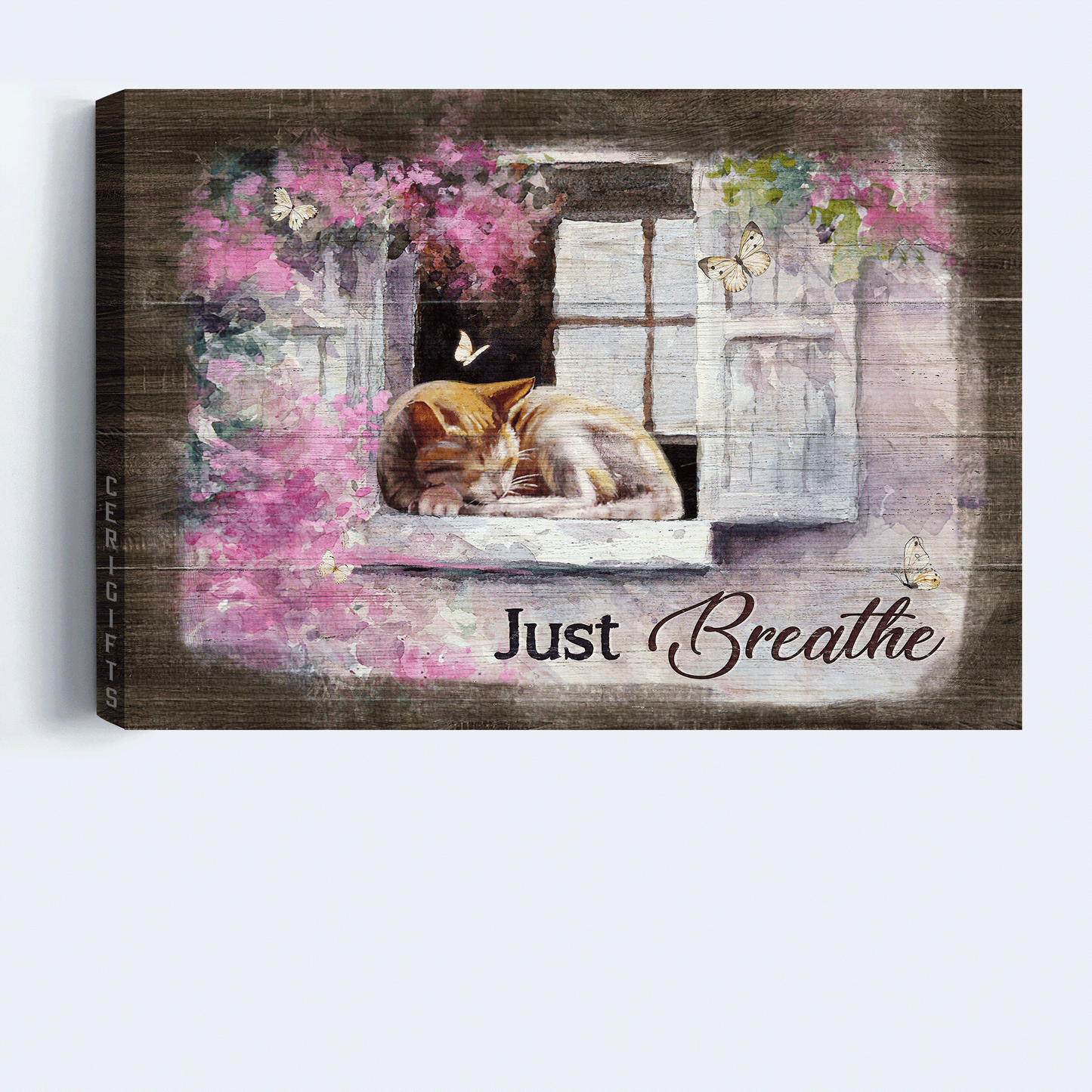 Jesus Landscape Canvas - Pink flower garden, Little cat, White butterfly Landscape Canvas - Gift For Christian - Just breathe Landscape Canvas