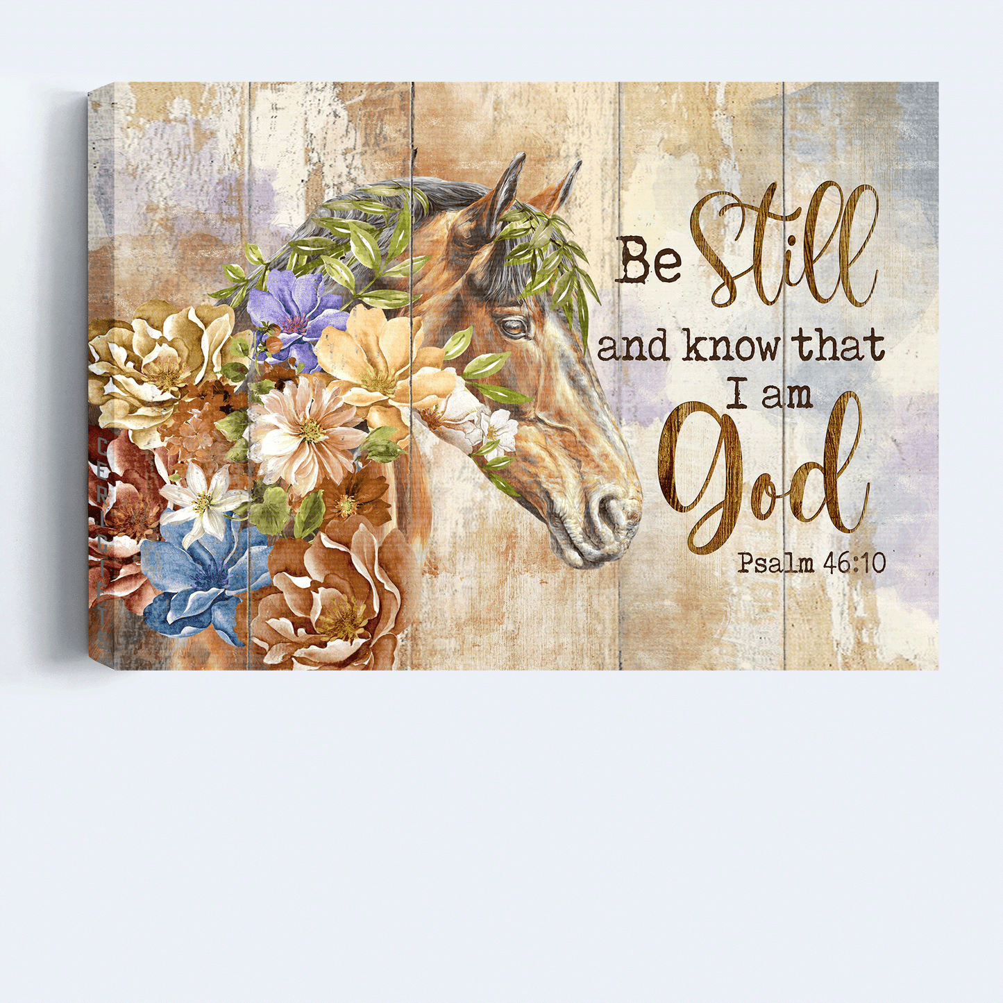 Jesus Landscape Canvas- Beautiful flowers, Cape jasmine, Brown horse canvas- Gift for Christian- Be still and I am God