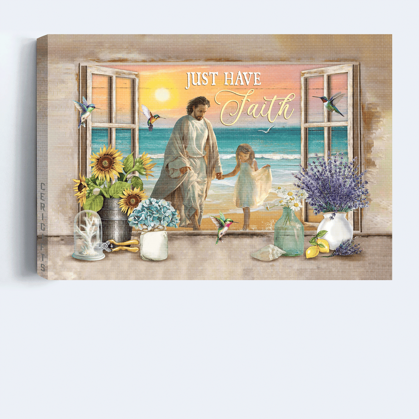 Jesus Landscape Canvas - Little girl, Jesus hold my hand, Ocean view, Landscape Canvas - Gift For Christian - Just have faith Landscape Canvas