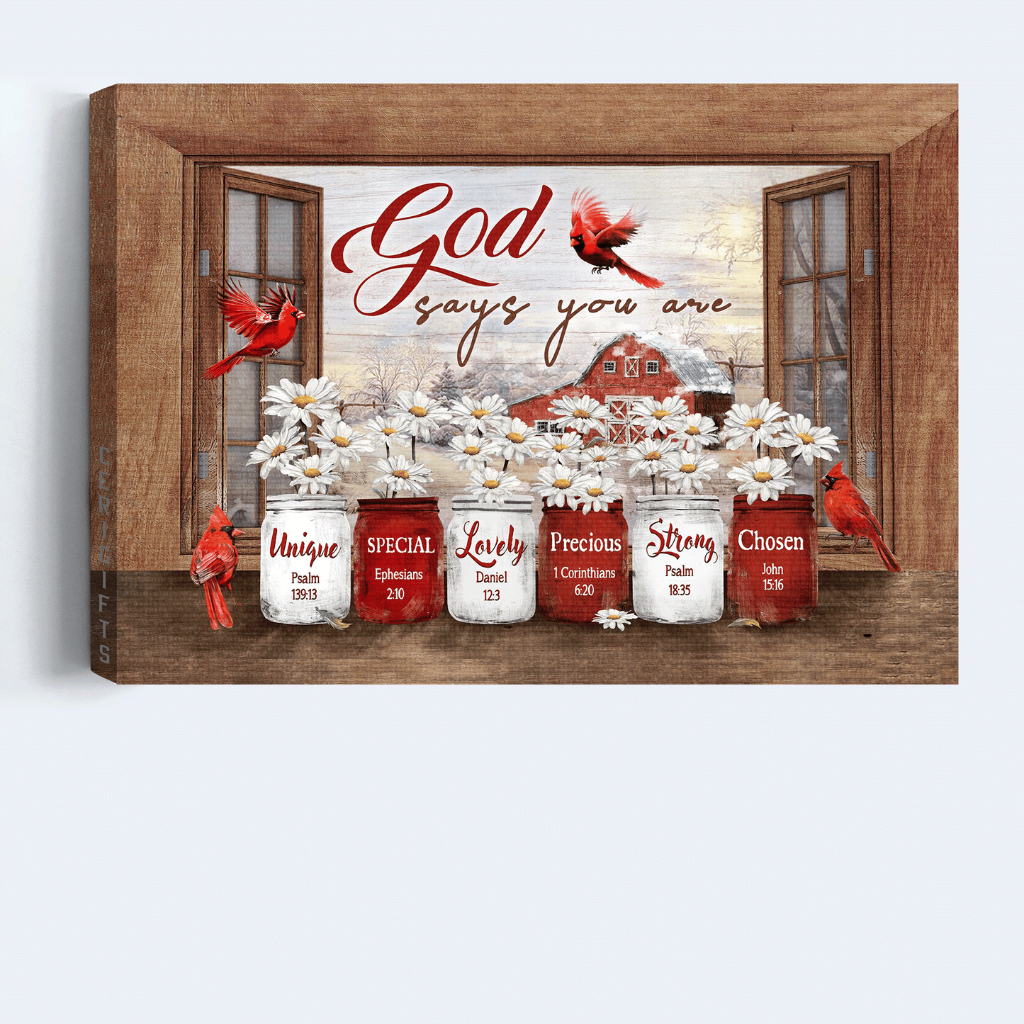 Jesus Landscape Canvas - Window Frame, Daisy Flower, Barn House Painting, Red Cardinal - Gift For Christian - God Says You Are Canvas
