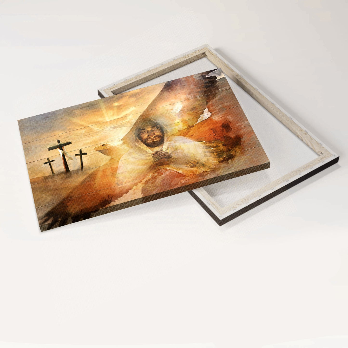 Jesus Landscape Canvas - Bald eagle, Three wooden crosses, The Lord's prayer Landscape Canvas - Inspirational gift, Gift For Religious Chiristian