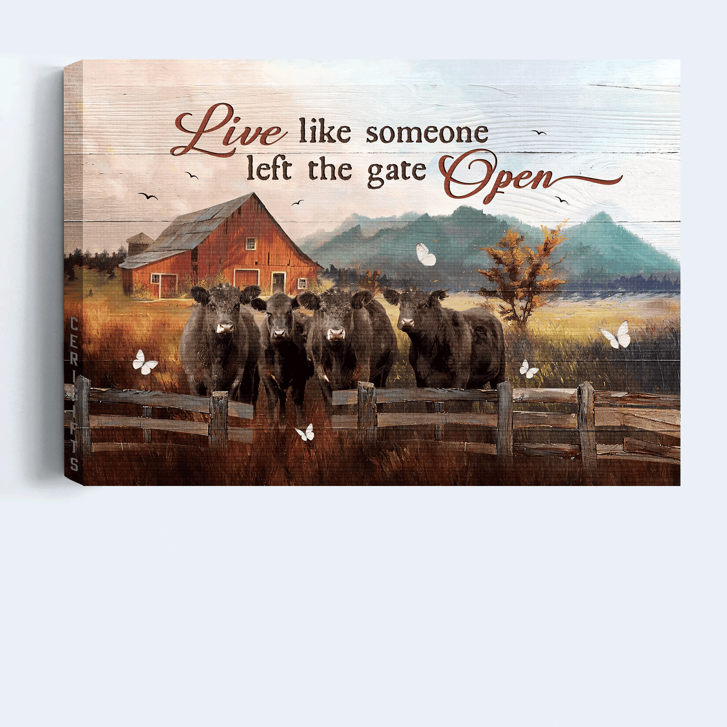 Jesus Landscape Canvas - Peaceful farm, Angus cow, White butterfly Landscape Canvas - Gift For Christian - Live like someone left the gate open Landscape Canvas
