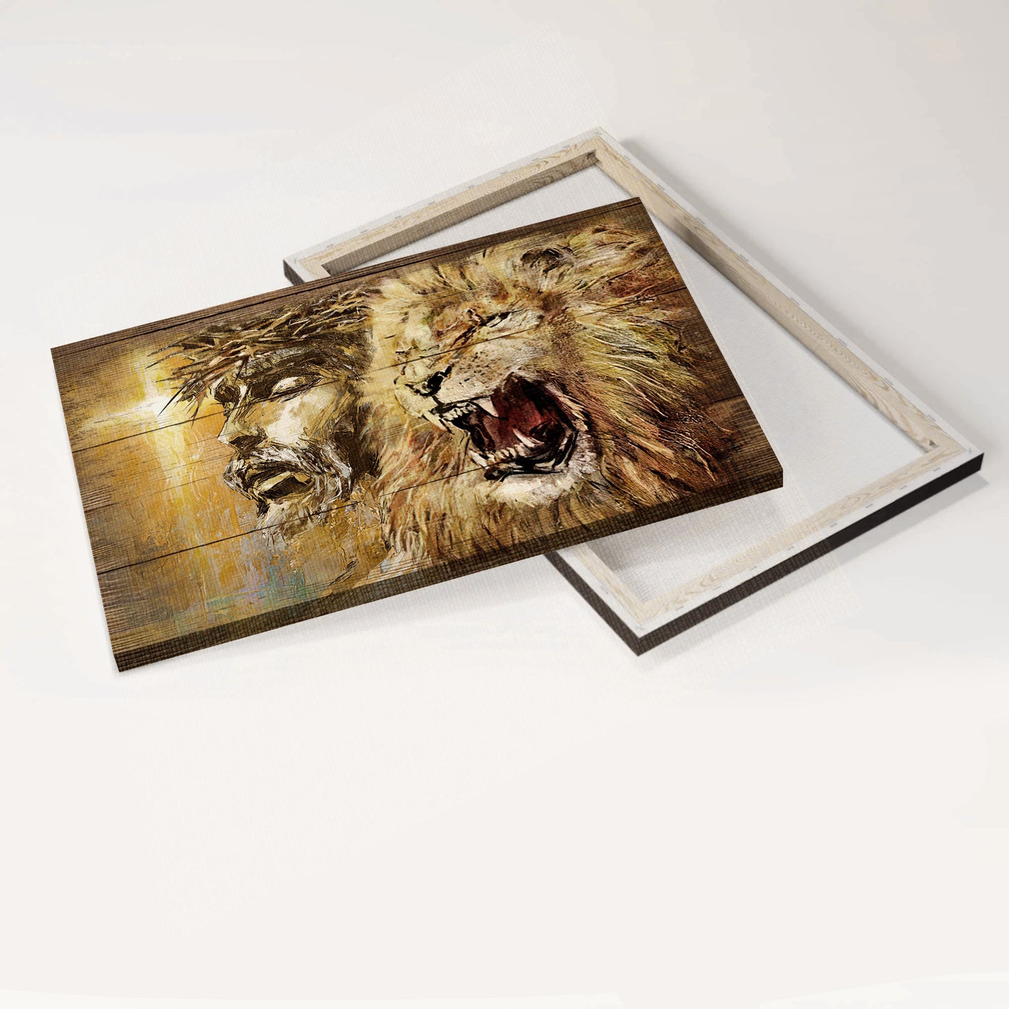 Jesus Landscape Canvas - Angry lion, Stunning Jesus face, Yellow background Landscape Canvas - Gift For Religious Christian